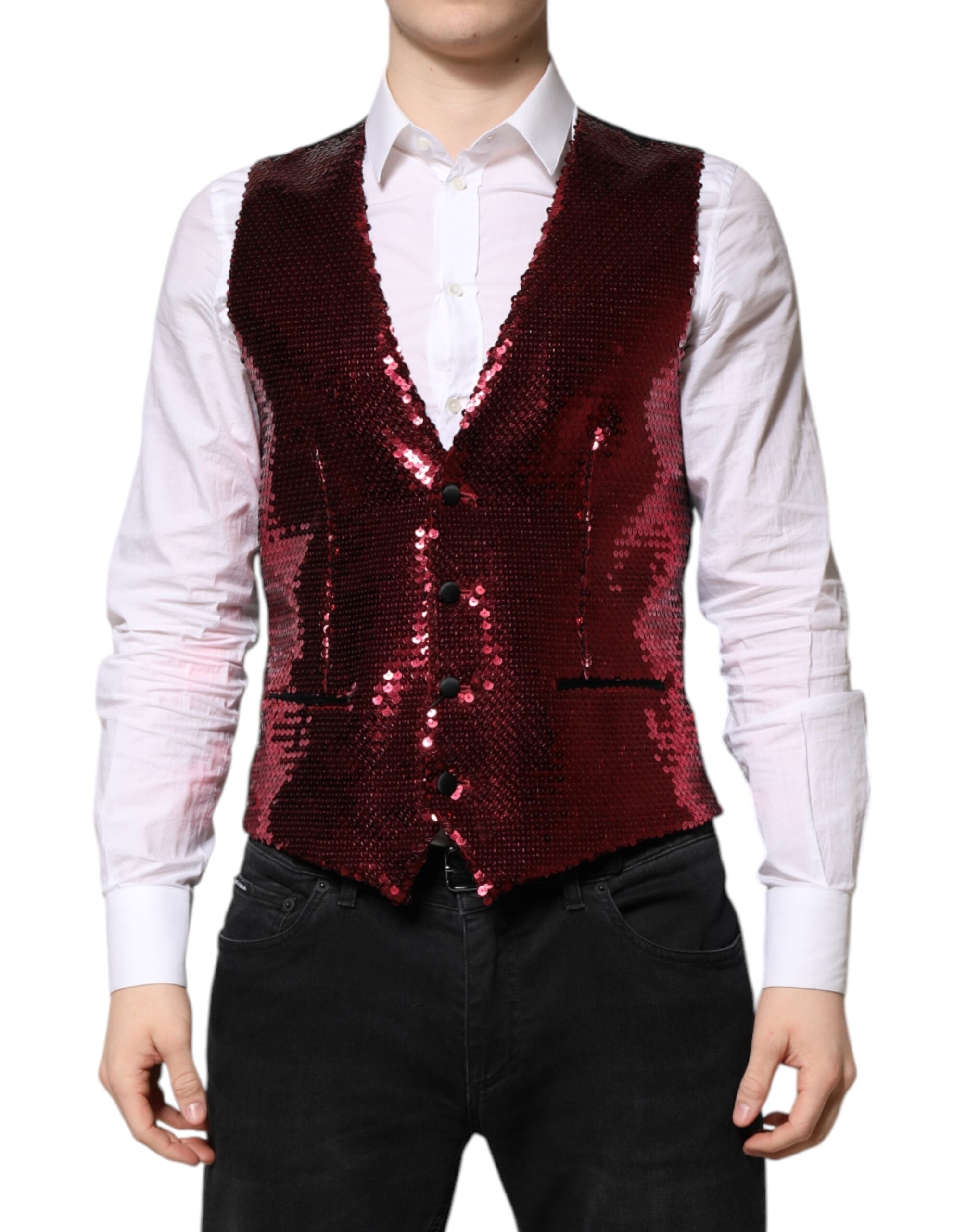 Gilet homme formel Dolce & Gabbana rouge à sequins, veste de costume élégante avec finition brillante et coupe ajustée.