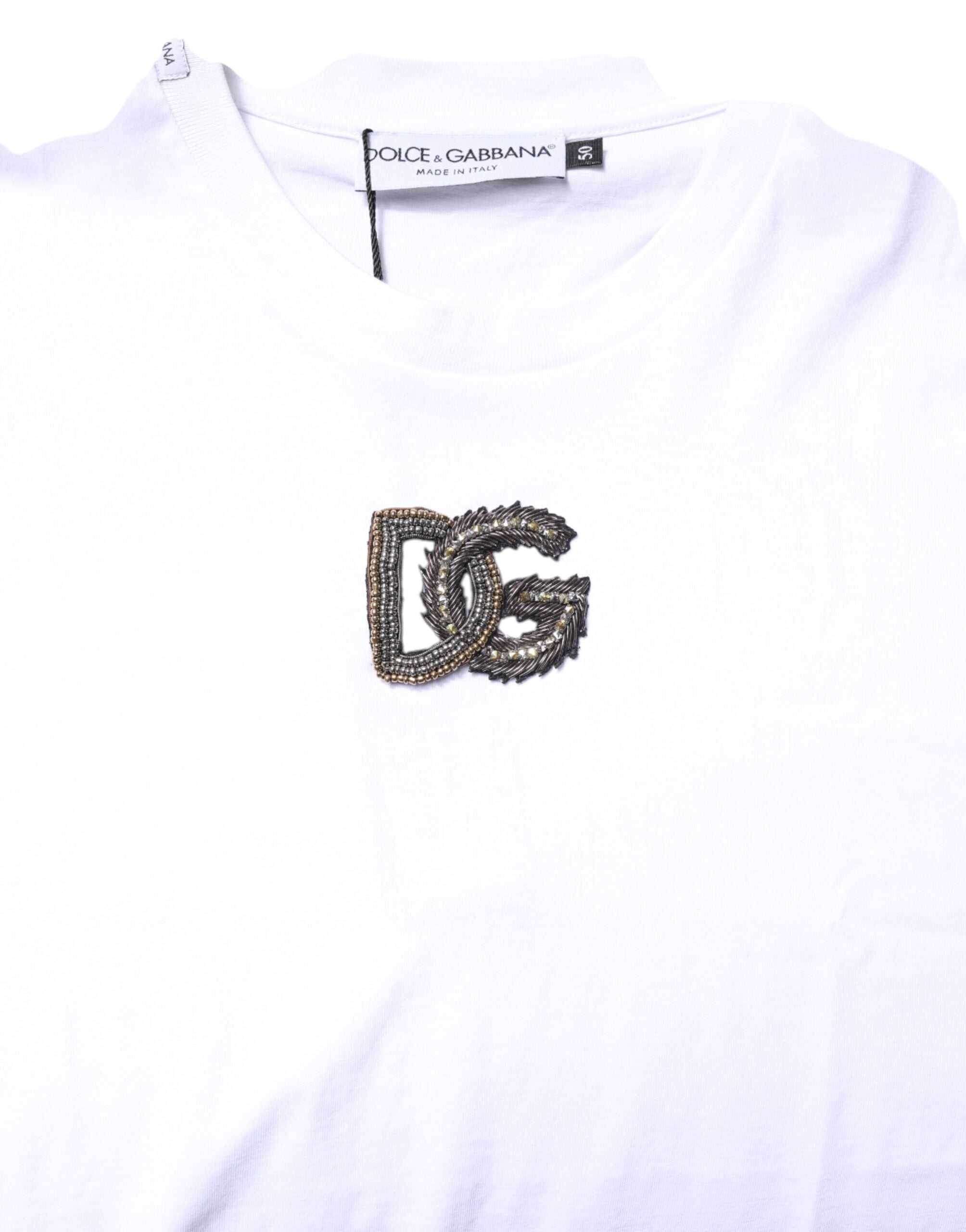 T-shirt blanc en coton Dolce & Gabbana avec broderie DG et col rond, vue de face.