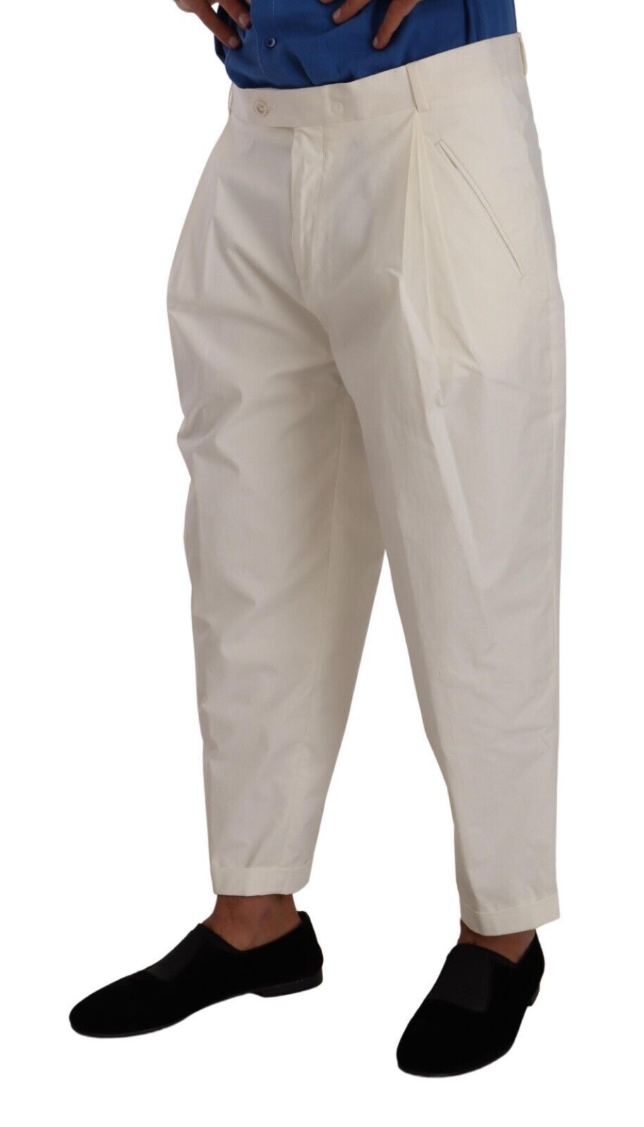Pantalon homme blanc en coton Dolce & Gabbana, coupe tapered, pantalon de costume élégant et moderne.