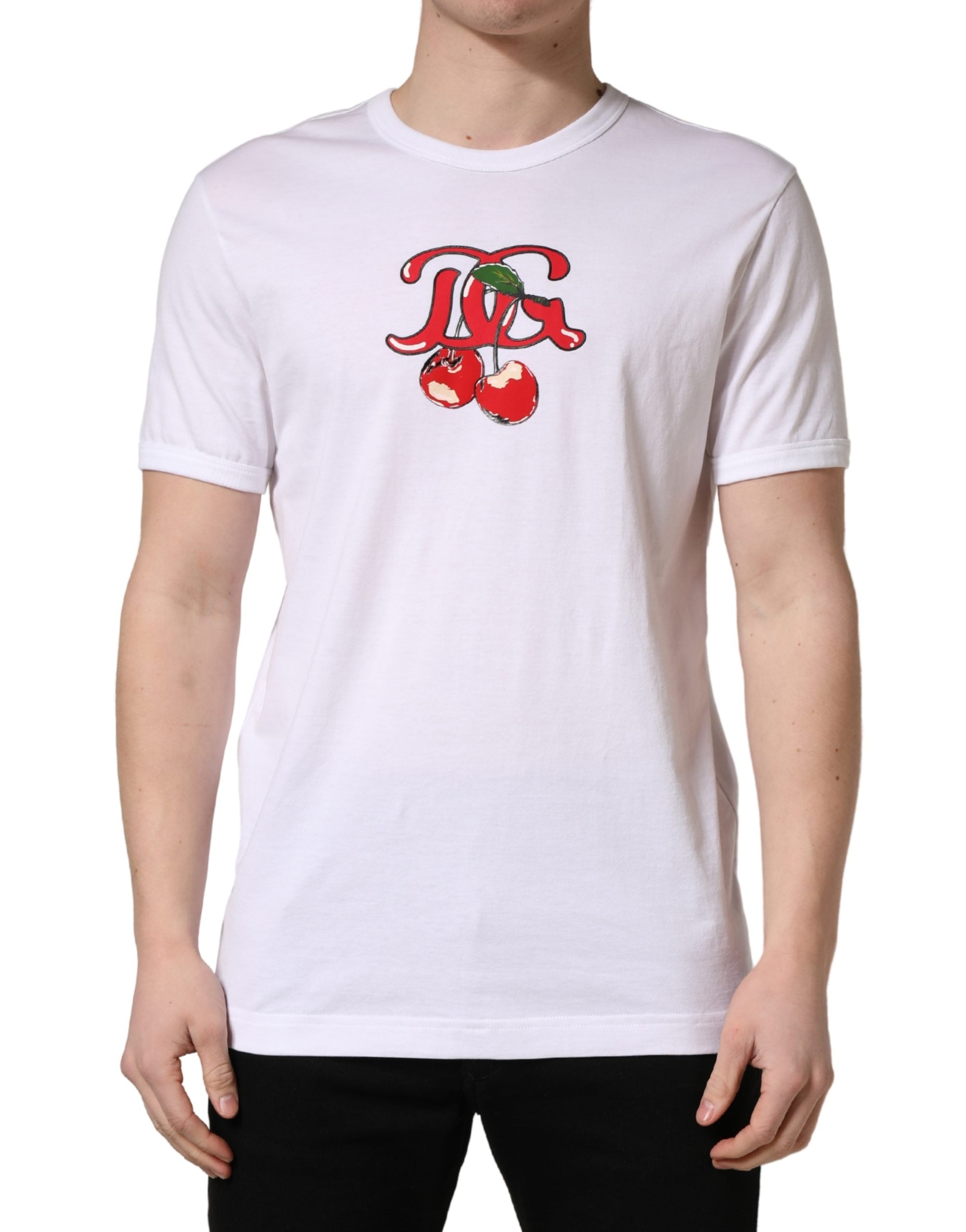 T-shirt blanc Dolce & Gabbana DG Cherries en coton avec col rond, motif cerises visible sur le devant.