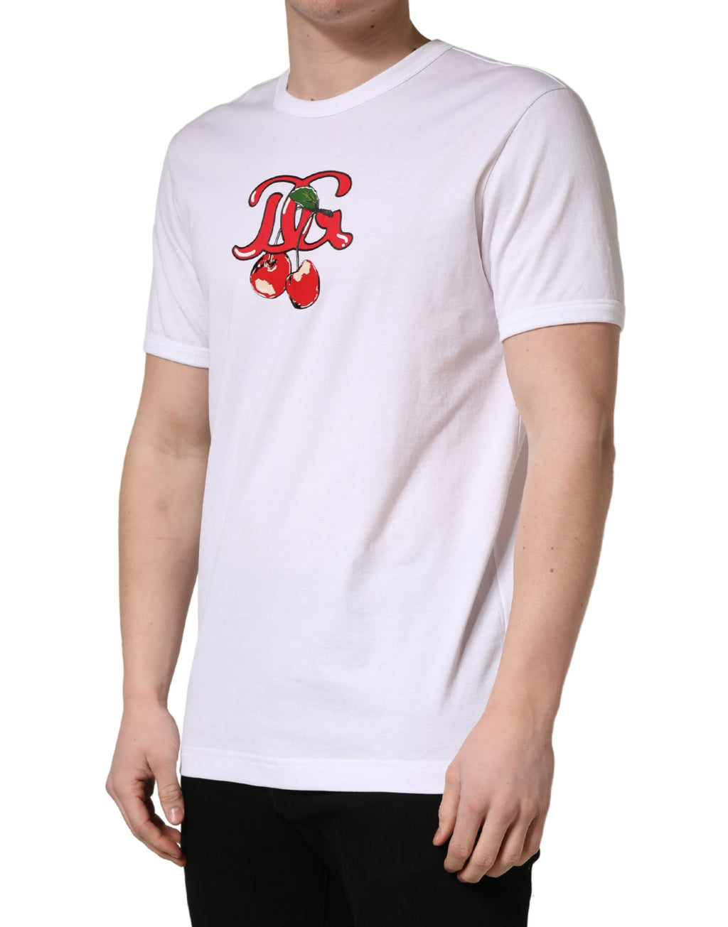 T-shirt blanc Dolce & Gabbana DG Cherries en coton avec col rond, design élégant et graphique visible sur l'image.