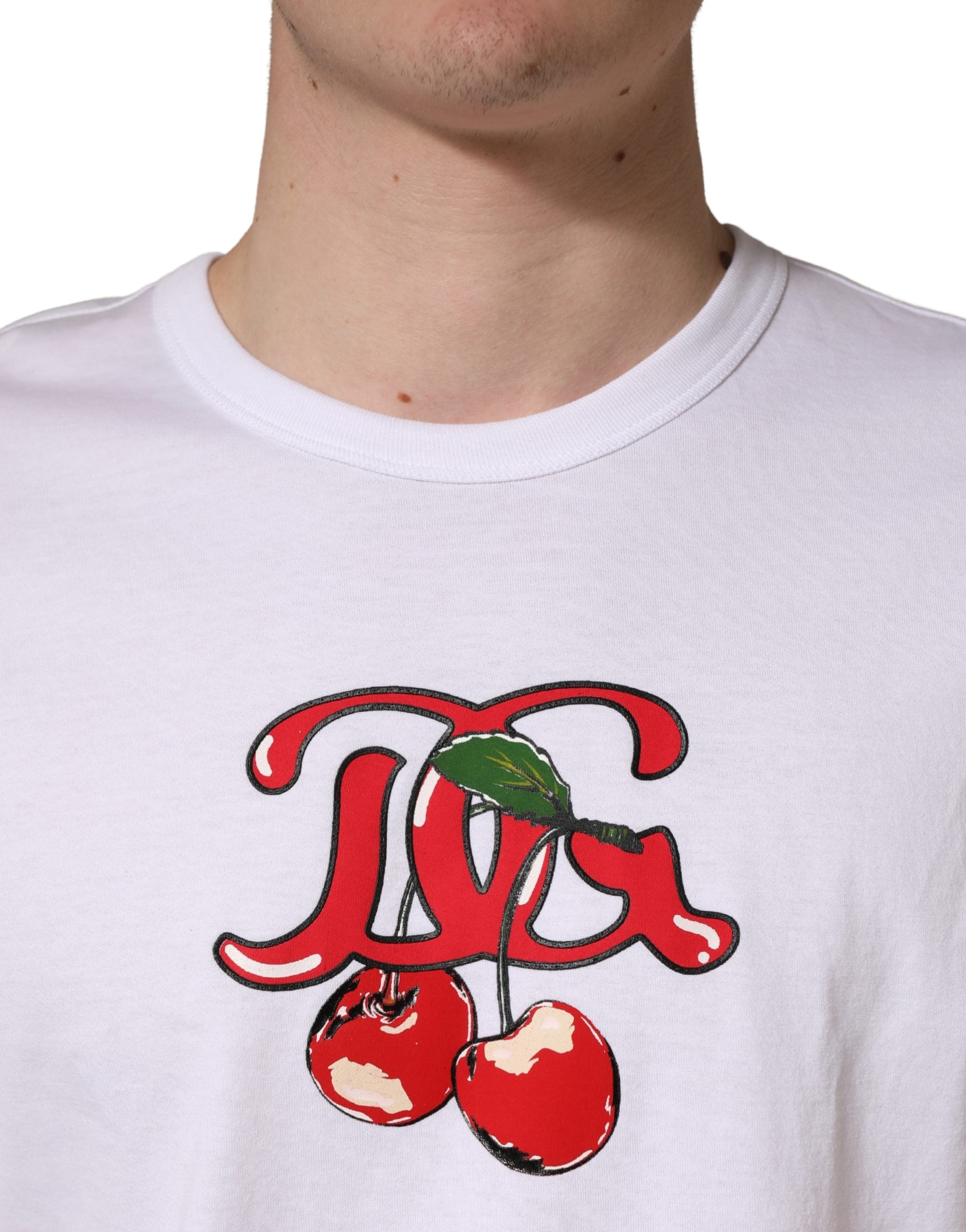 T-shirt blanc Dolce & Gabbana DG Cherries en coton avec encolure ronde, logo et motif cerises visibles.