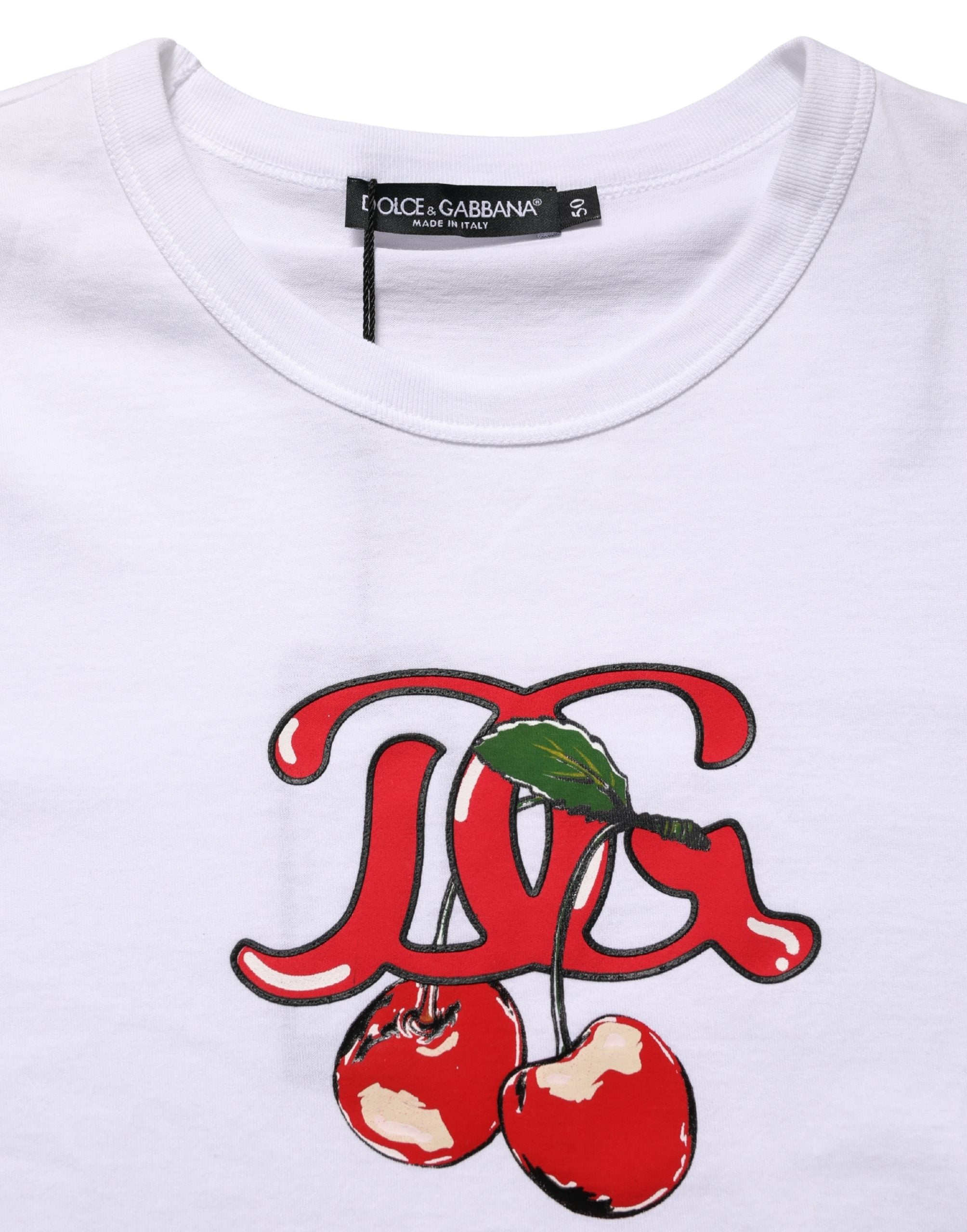T-shirt blanc Dolce & Gabbana DG Cherries en coton avec col rond, motif cerises, vue de face.