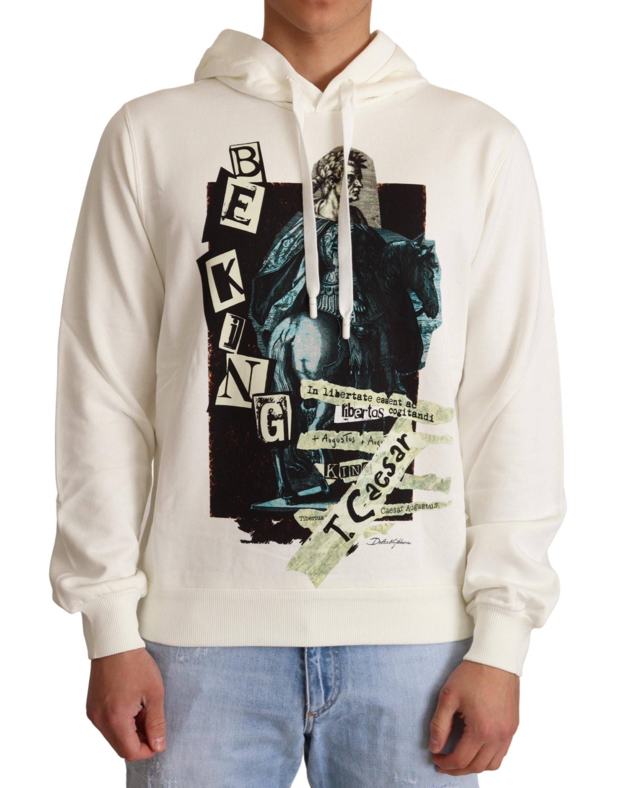 Sweat à capuche blanc Dolce & Gabbana King Ceasar en coton, détail du logo et style décontracté.
