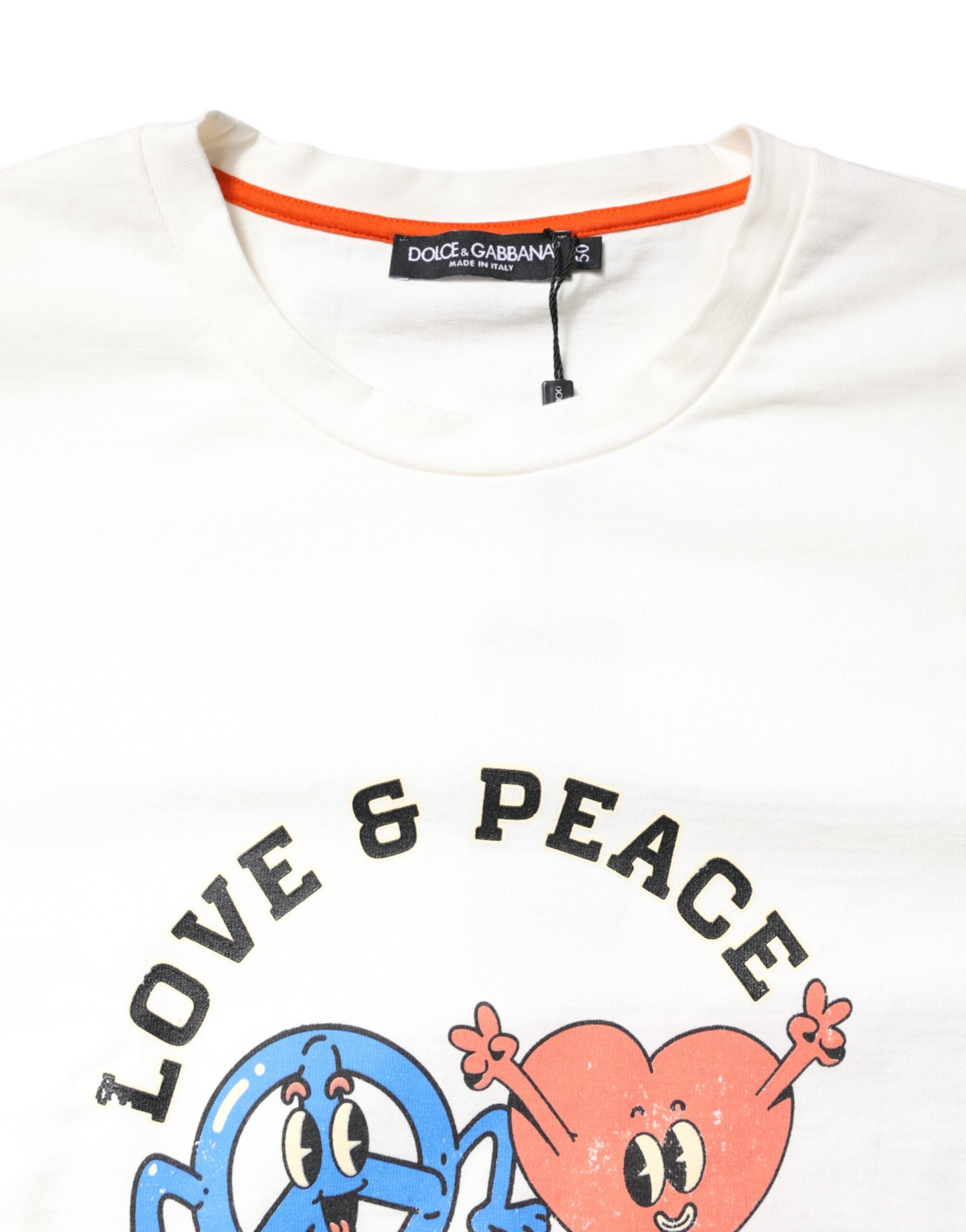 T-shirt blanc Dolce & Gabbana LOVE & PEACE avec impression graphique, col ras du cou, vue de face.