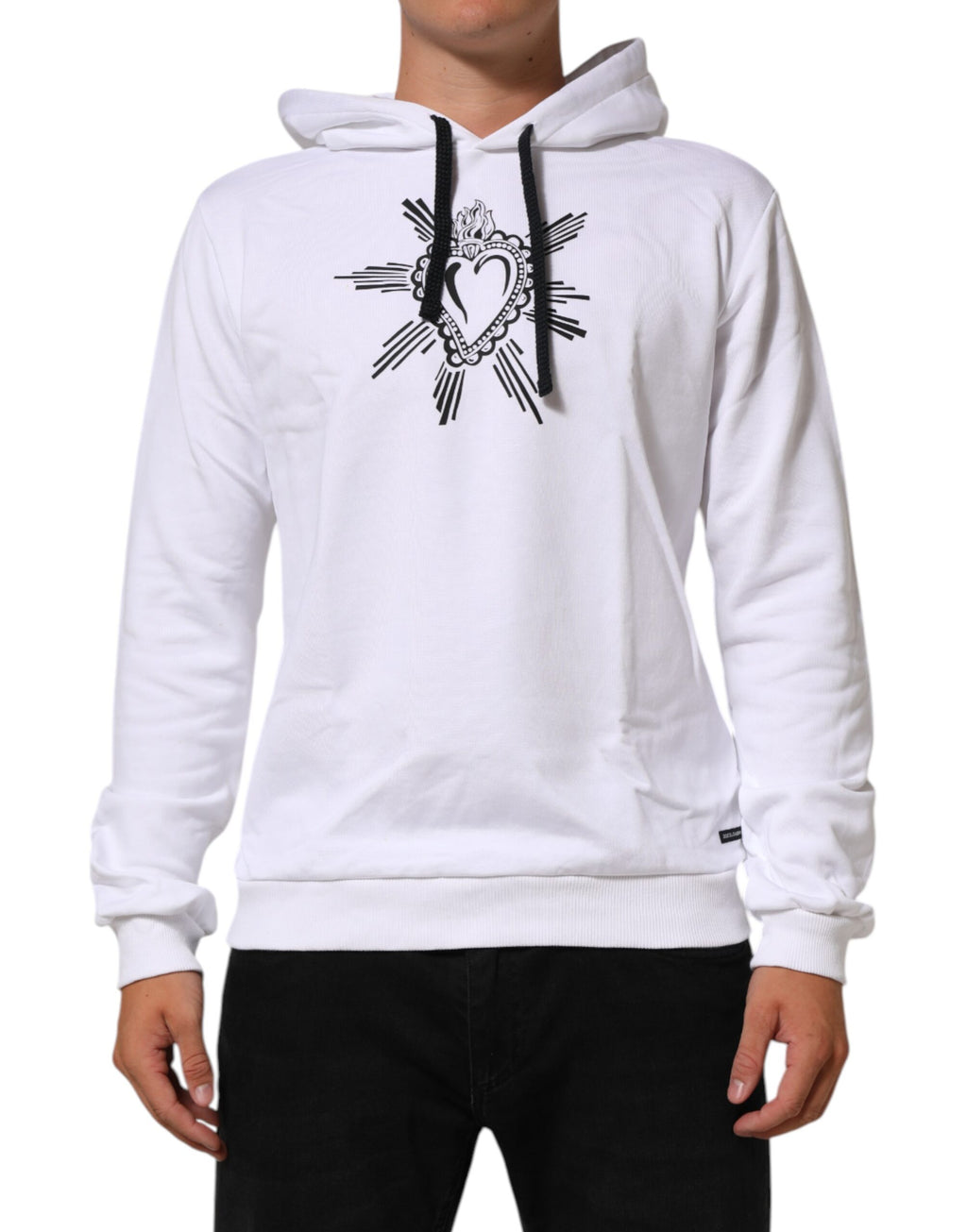 Sweat à capuche blanc Dolce & Gabbana Sacred Heart avec logo et design détaillé, porté sur mannequin.