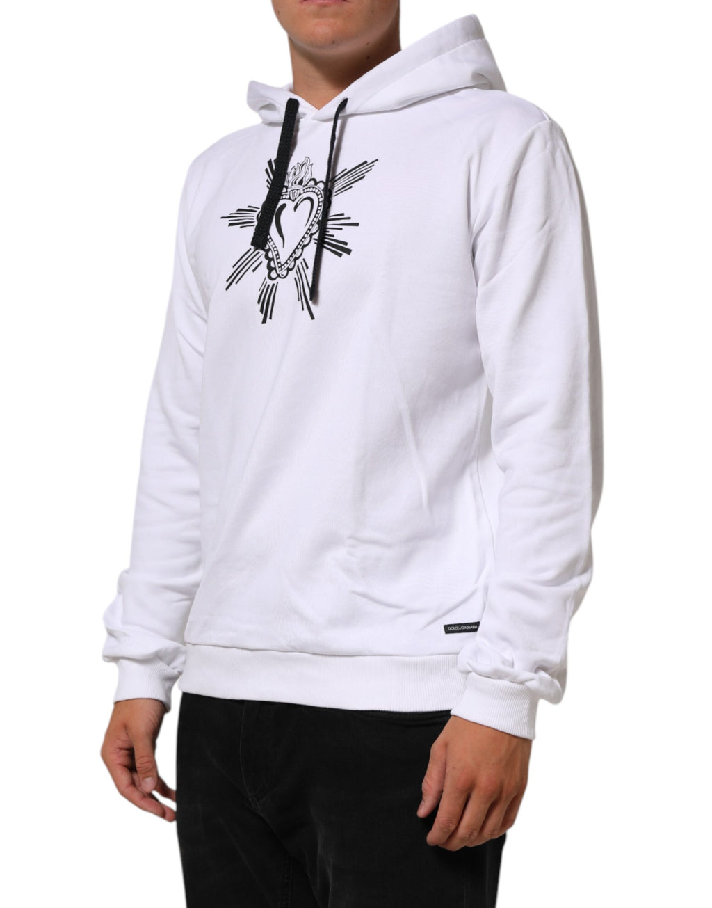 Sweat à capuche blanc Dolce & Gabbana Sacred Heart, pull en coton avec logo et motif religieux, vue de face.