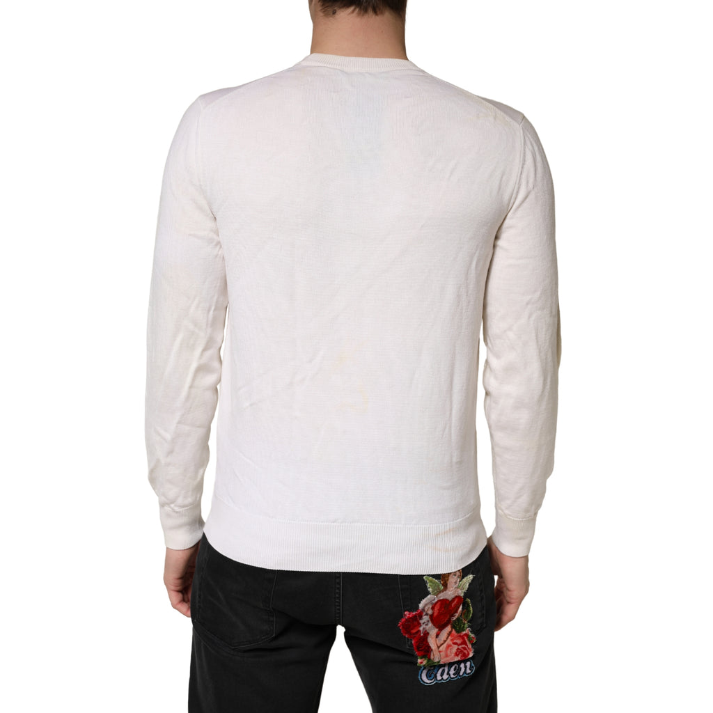 Pull blanc en laine vierge Dolce & Gabbana avec logo graphique sur le devant, col ras du cou, pour un style élégant et décontracté.