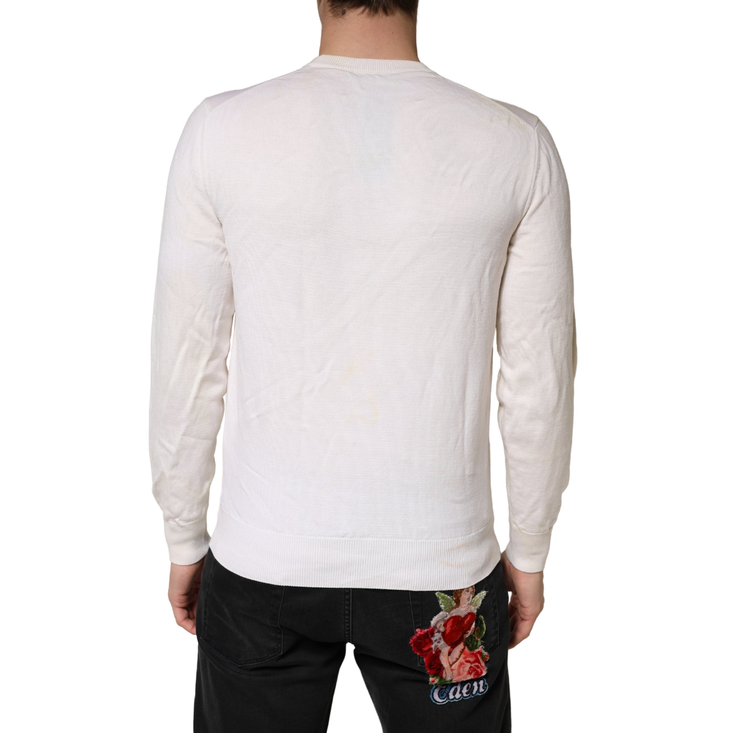Pull blanc en laine vierge Dolce & Gabbana avec logo graphique sur le devant, col ras du cou, pour un style élégant et décontracté.