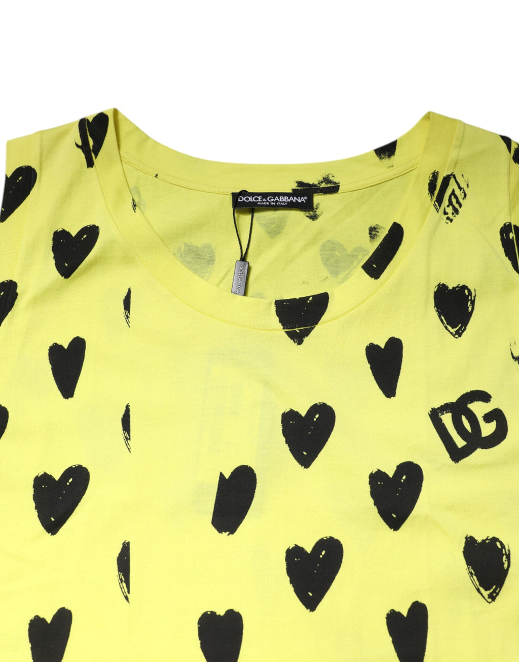 T-shirt sans manches en coton jaune Dolce & Gabbana avec motif cœur DG, visible sur l'image.