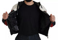 Blouson en cuir noir à capuche de Dolce & Gabbana, veste élégante avec détails sophistiqués et fermeture éclair.