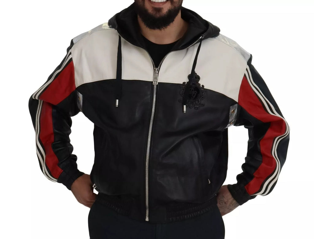 Veste en cuir noir Dolce & Gabbana avec capuche, style blouson, détails élégants et coupe ajustée.