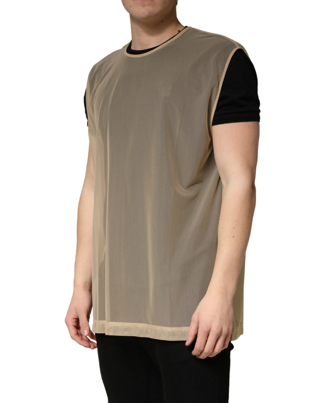 Top sans manches en mesh beige Dolce & Gabbana avec col rond, vue de face, élégant et léger.
