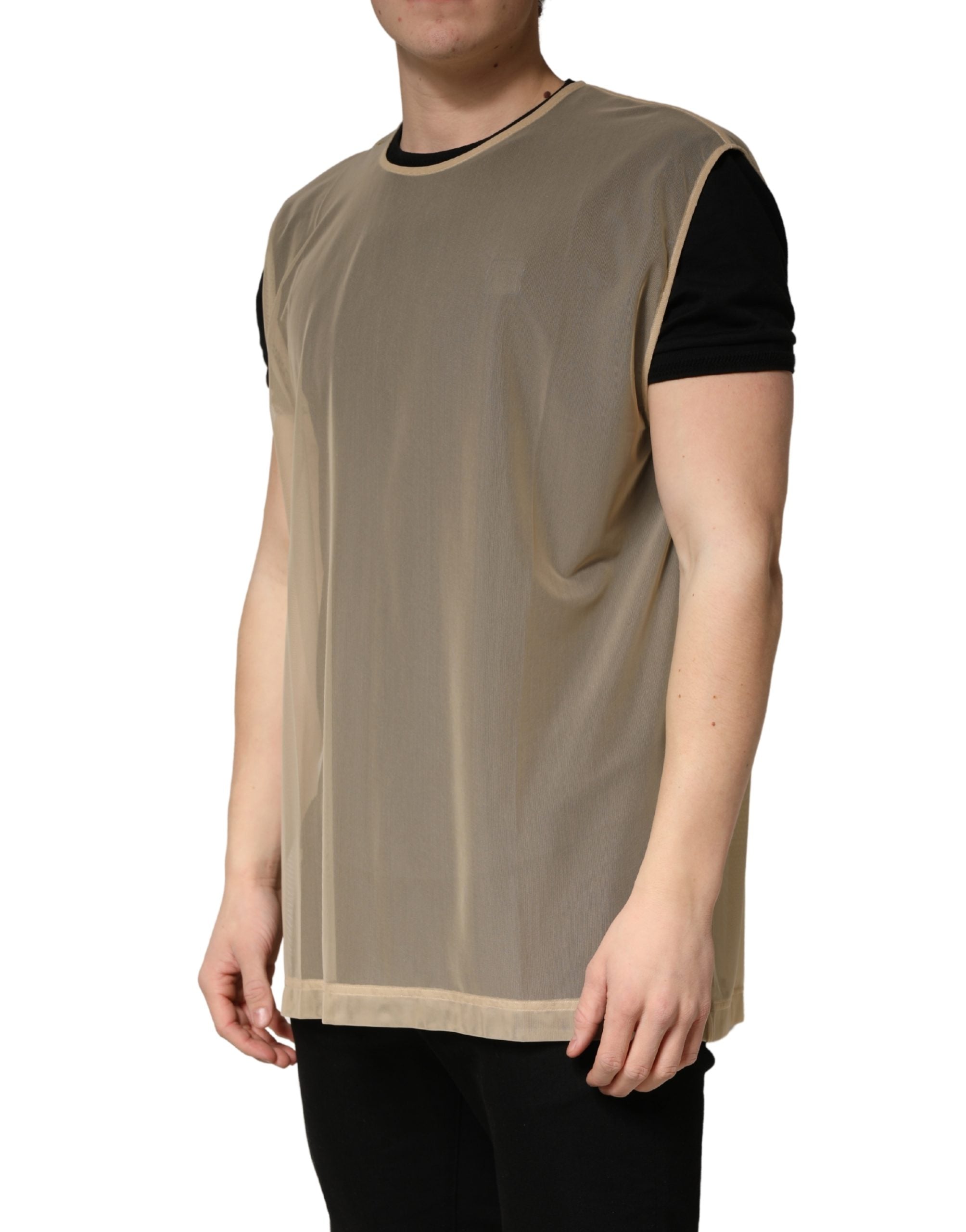 Top sans manches en mesh beige Dolce & Gabbana avec col rond, vue de face, élégant et léger.