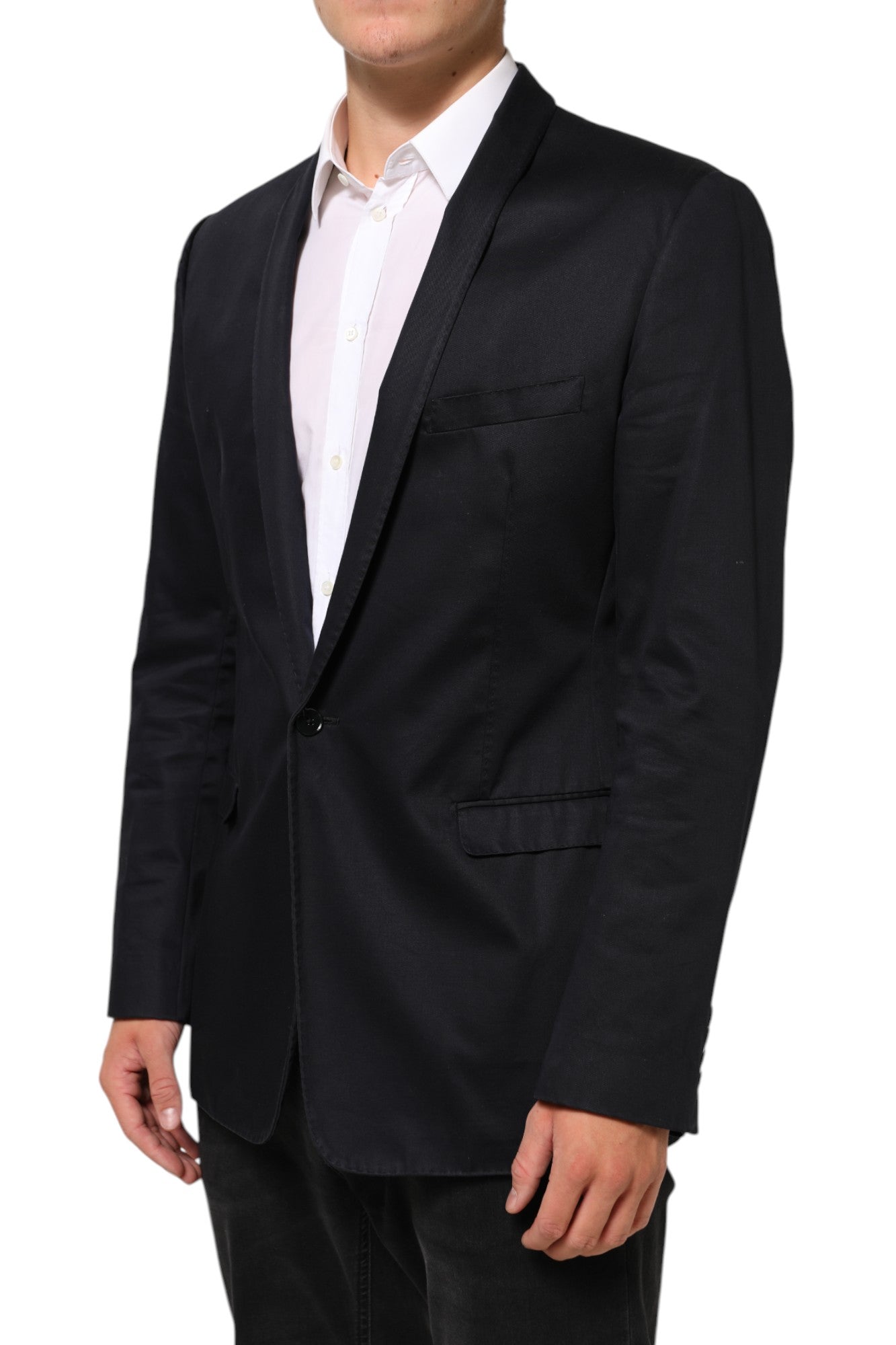 Veste blazer noire en coton de la marque Dolce & Gabbana, coupe classique avec un bouton unique visible sur l'image.