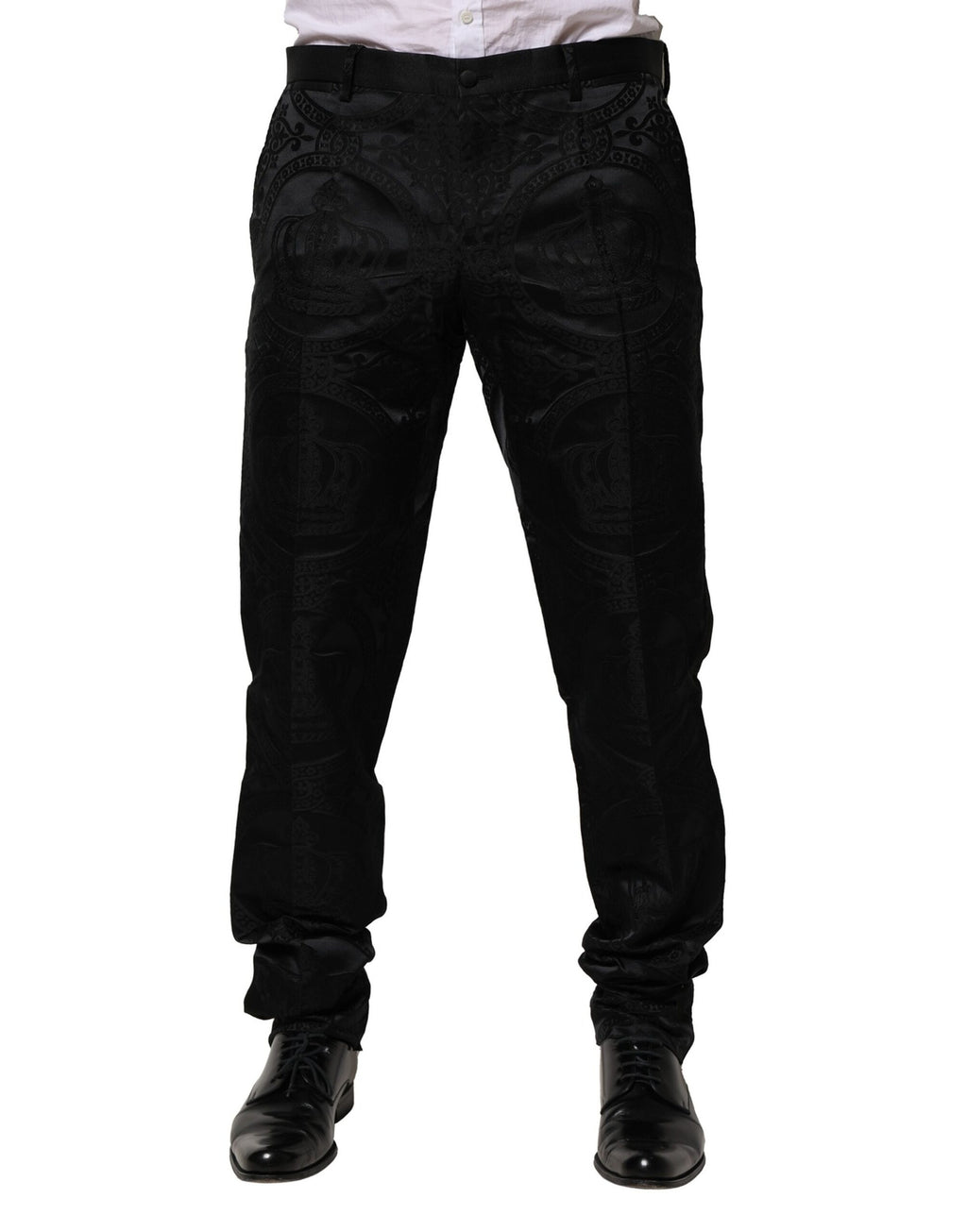 Pantalon noir en coton Dolce & Gabbana DG Crown, élégant avec logo brodé, vue de face sur fond neutre.