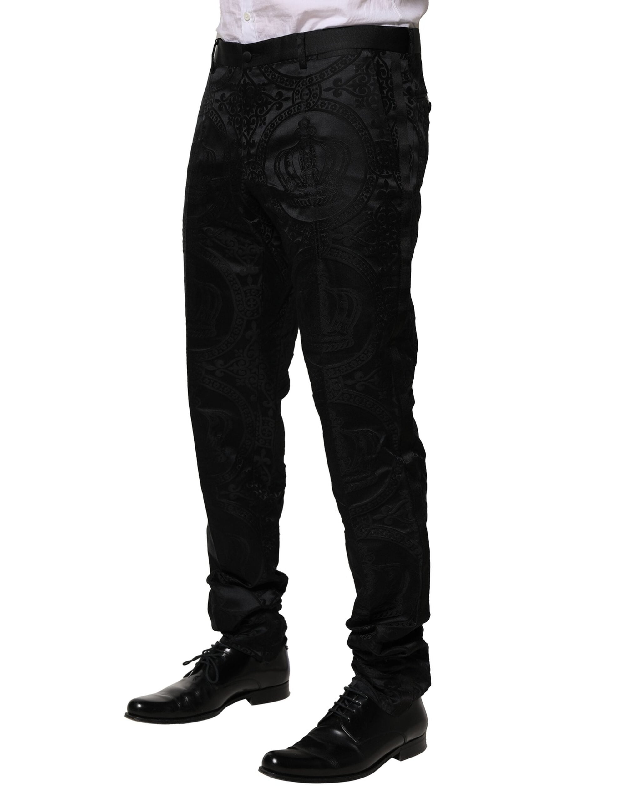 Pantalon de costume noir en coton Dolce & Gabbana avec ornement de couronne DG, élégant et sophistiqué pour homme.