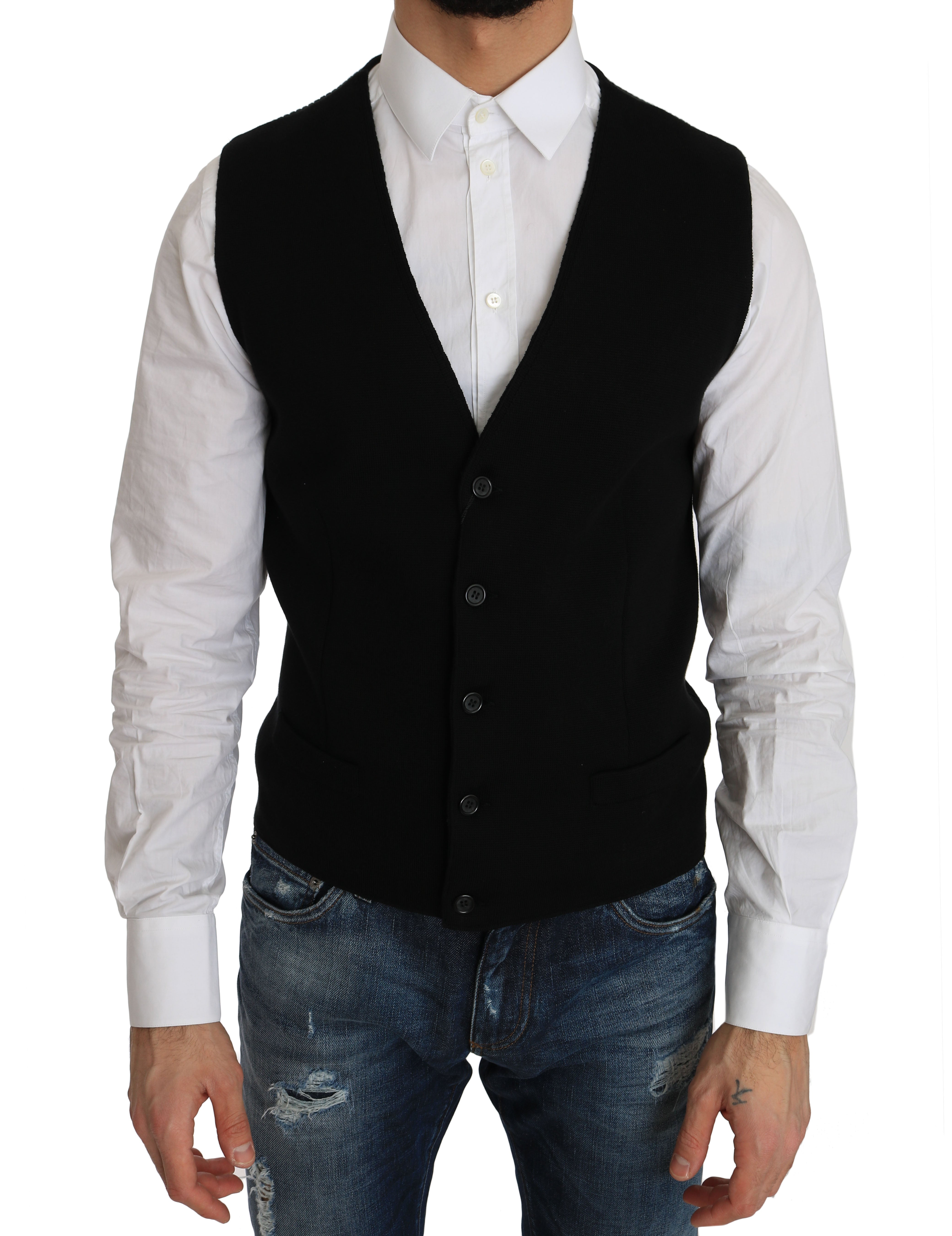 Robe en coton noire Dolce & Gabbana avec gilet tissé à la taille, élégante et sophistiquée.