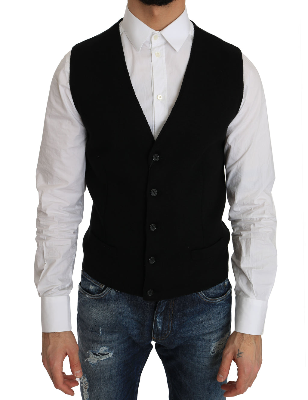 Robe en coton noire Dolce & Gabbana avec gilet tissé à la taille, élégante et sophistiquée.