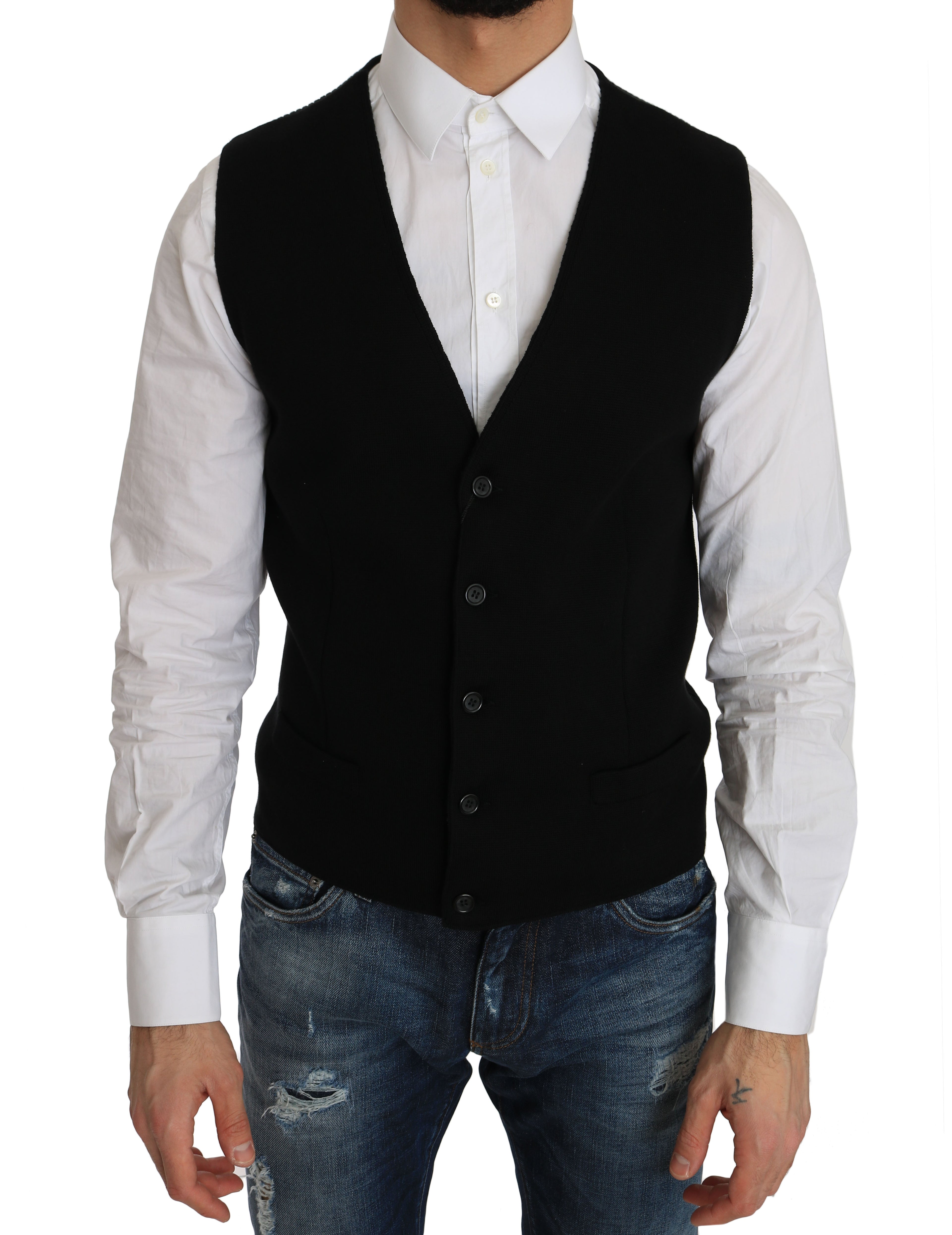 Robe en coton noire Dolce & Gabbana avec gilet tissé à la taille, élégante et sophistiquée.