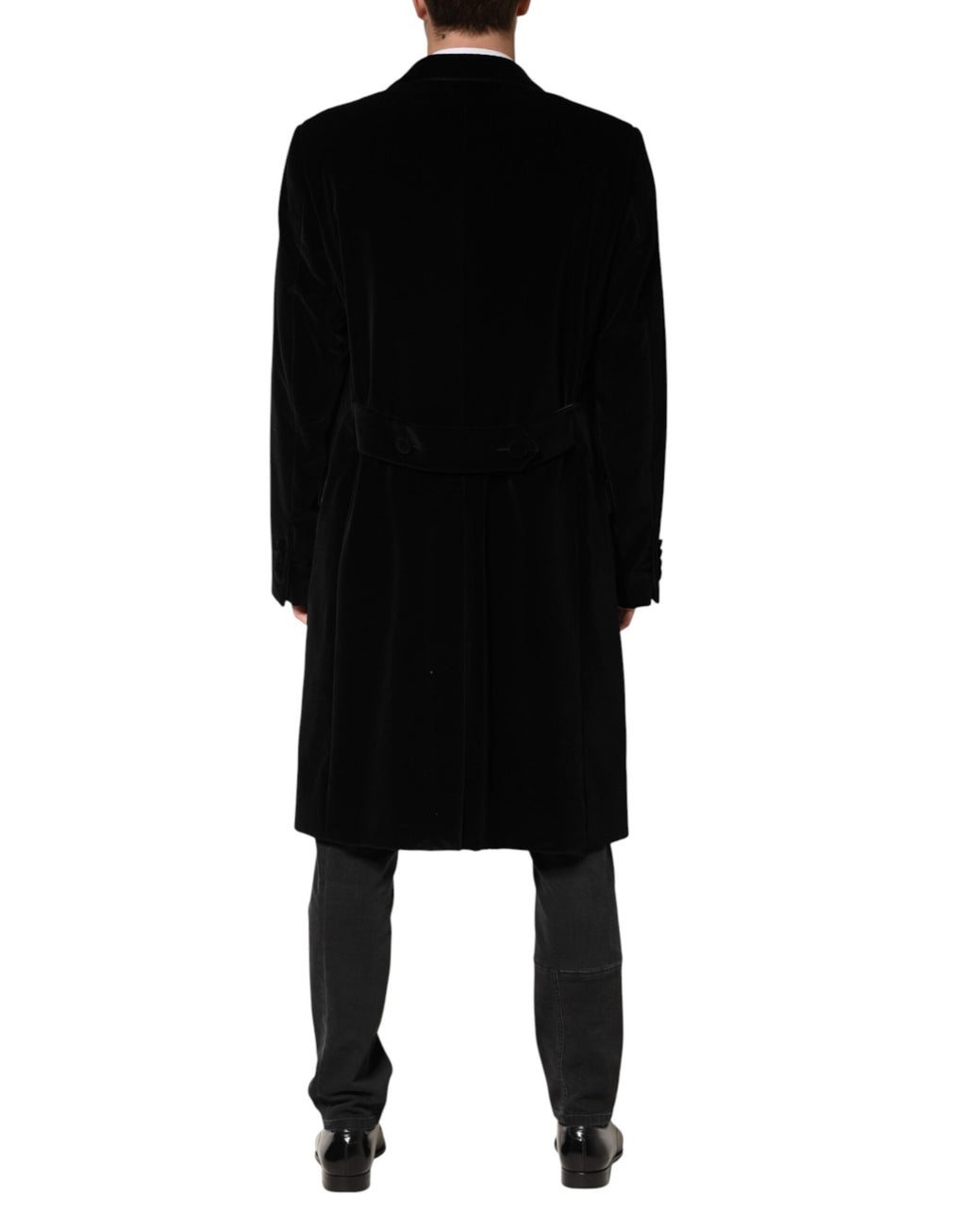 Manteau long en velours de coton noir de Dolce & Gabbana, veste élégante avec coupe sophistiquée, vue du produit.