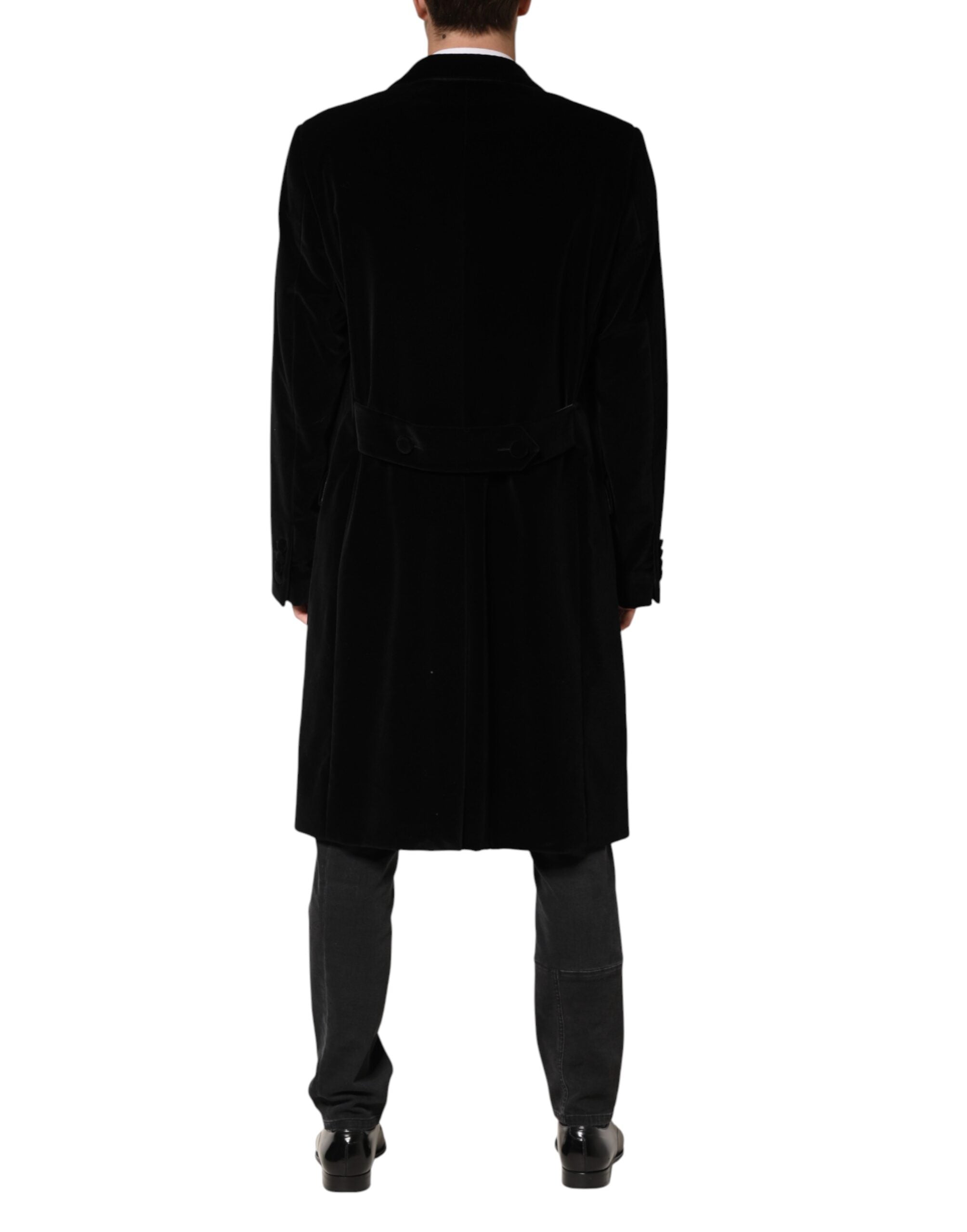 Manteau long en velours de coton noir de Dolce & Gabbana, veste élégante avec coupe sophistiquée, vue du produit.