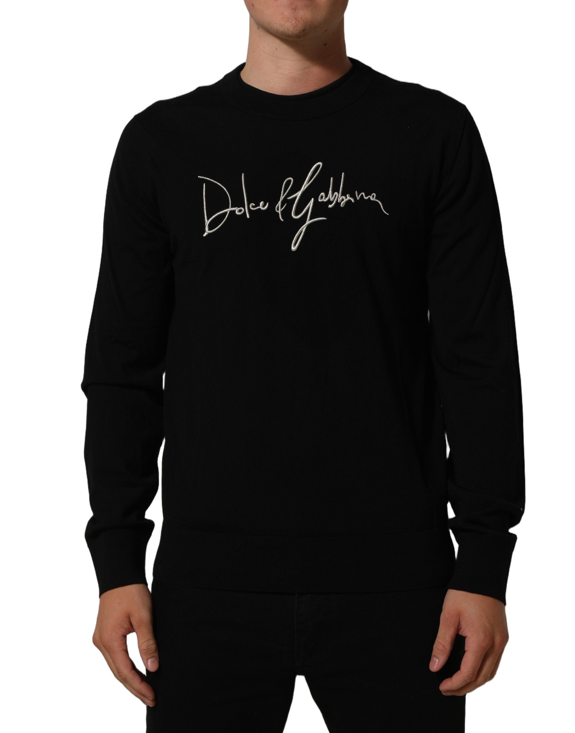 Pull-over homme Dolce & Gabbana noir à col rond avec broderies DG, style élégant et moderne.