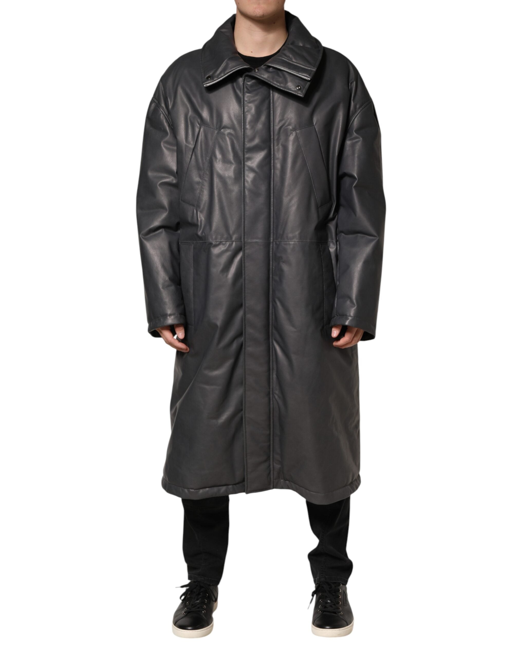 Manteau trench noir en cuir avec col Dolce & Gabbana, veste élégante pour femmes ou hommes.