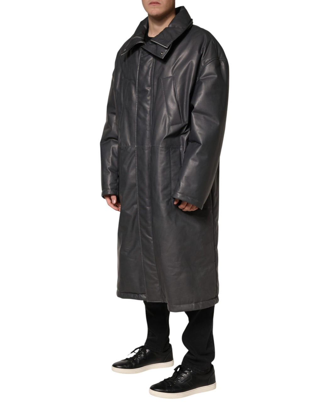 Manteau trench en cuir noir avec col à Dolce & Gabbana, veste élégante pour femme.