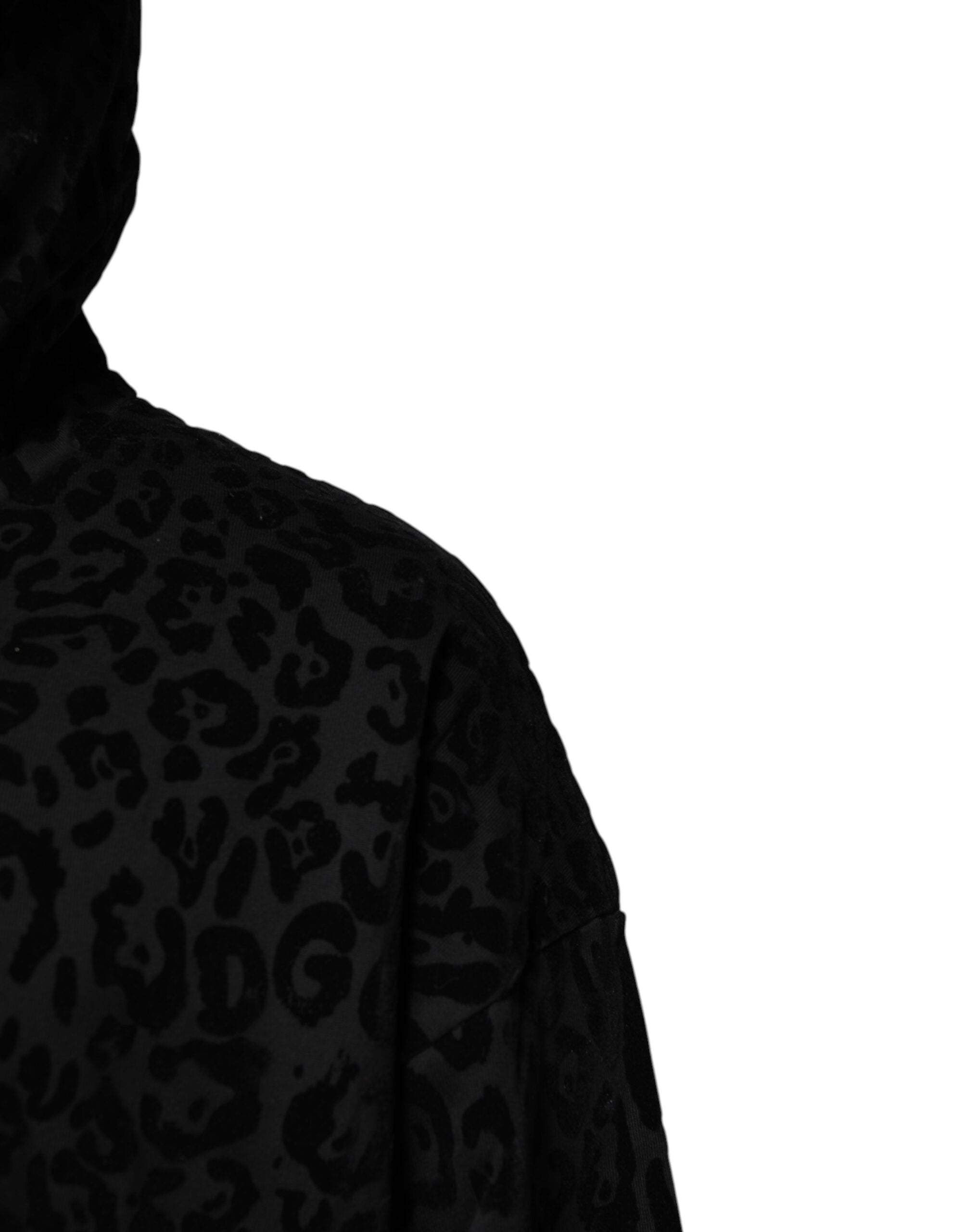 Sweat à capuche Dolce & Gabbana noir avec motif léopard complet, fermeture éclair pleine longueur, style décontracté.