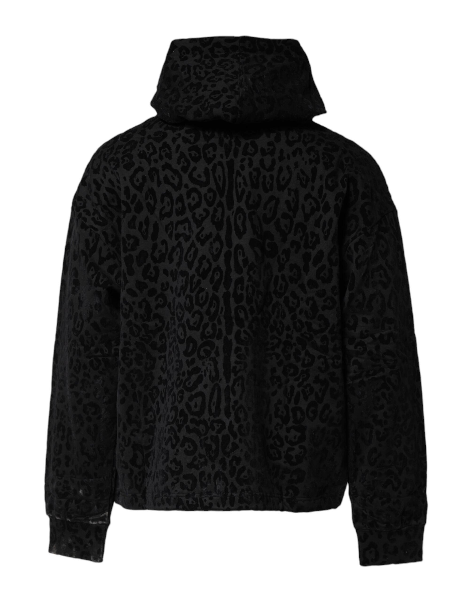 Sweat à capuche Dolce & Gabbana noir avec motif léopard complet, zip intégral, pull décontracté et tendance.