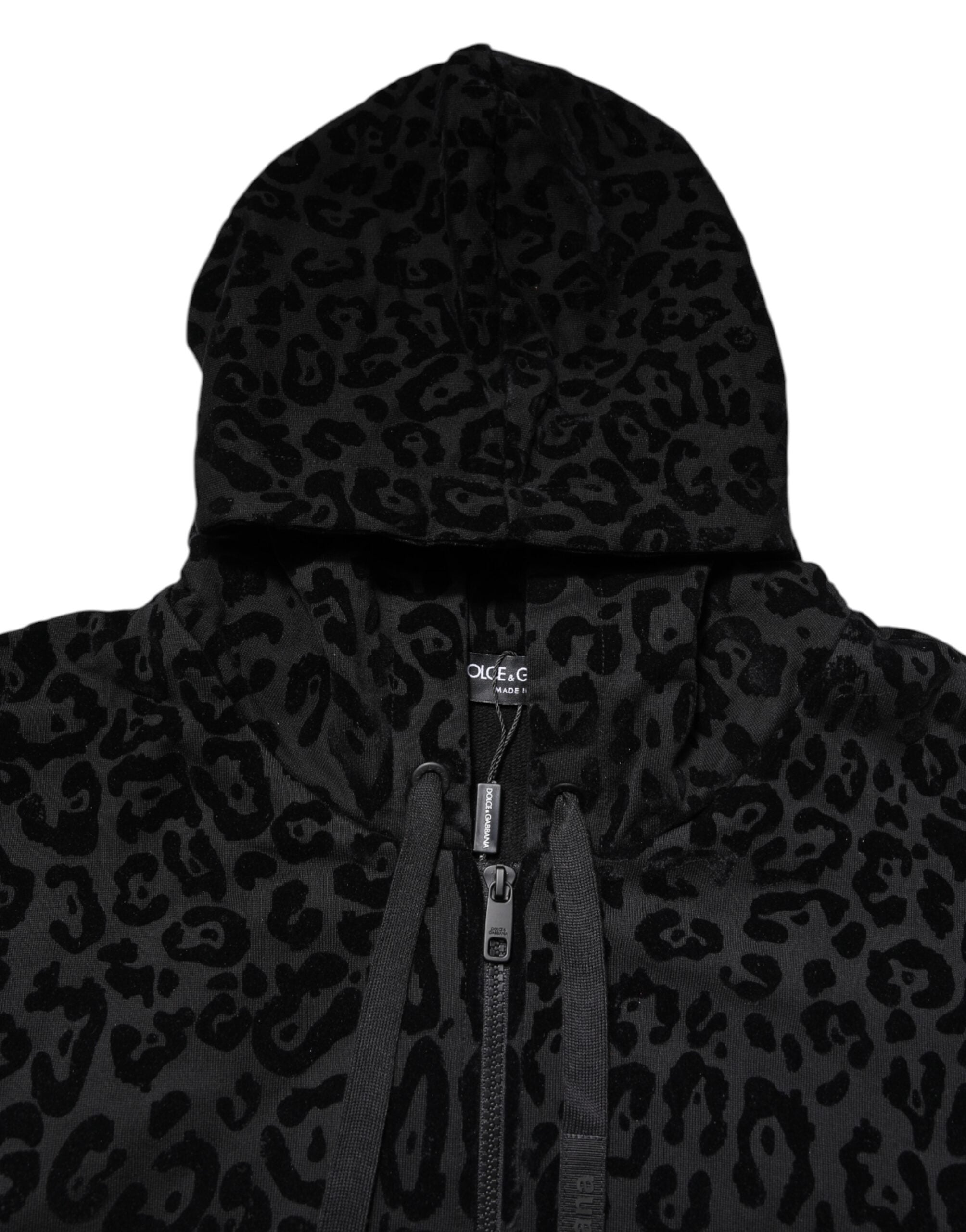 Sweat à capuche Dolce & Gabbana noir avec motif léopard complet, fermeture éclair et design élégant.