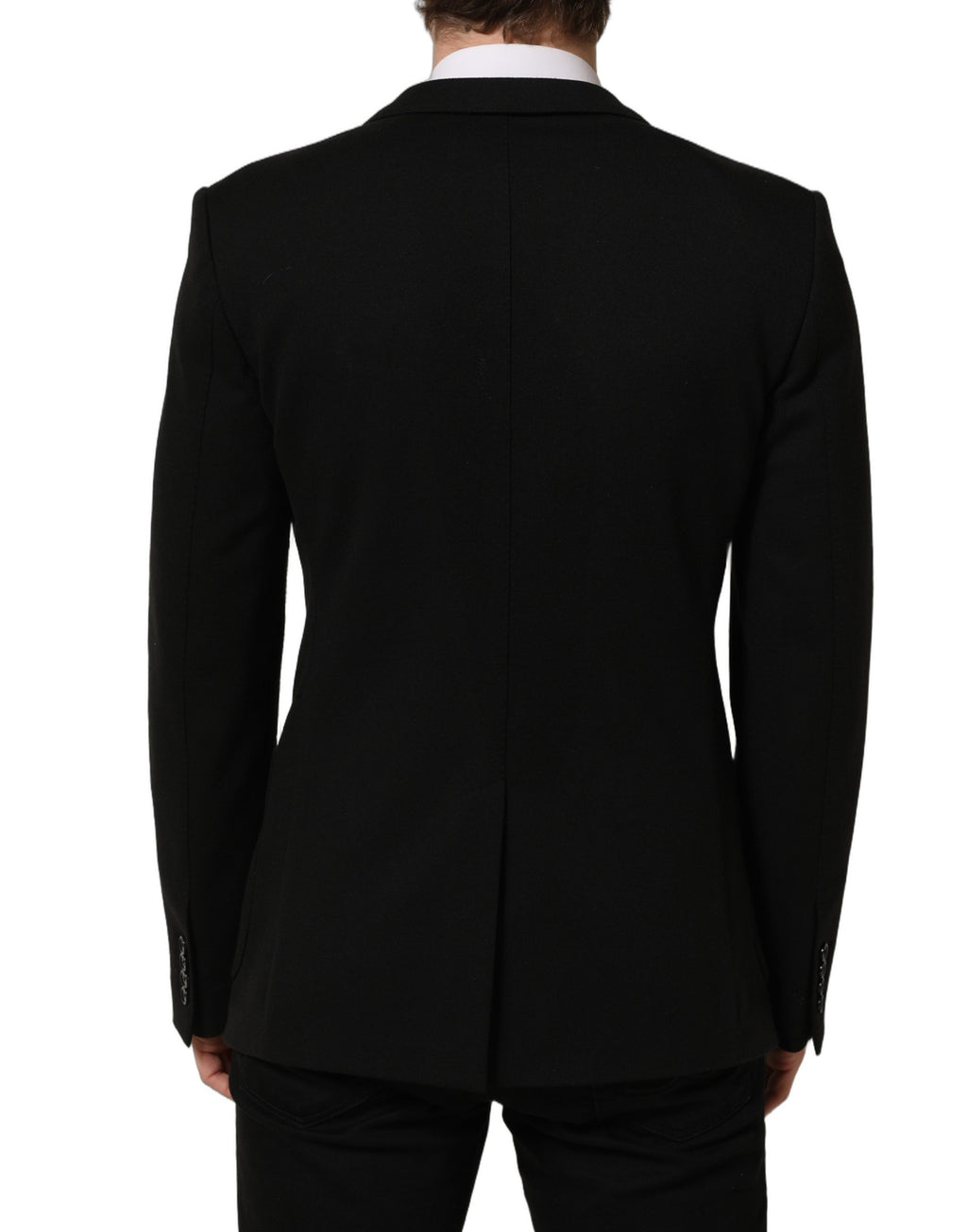 Manteau blazer noir Dolce & Gabbana logo et écusson, coupe croisée simple, détails élégants.