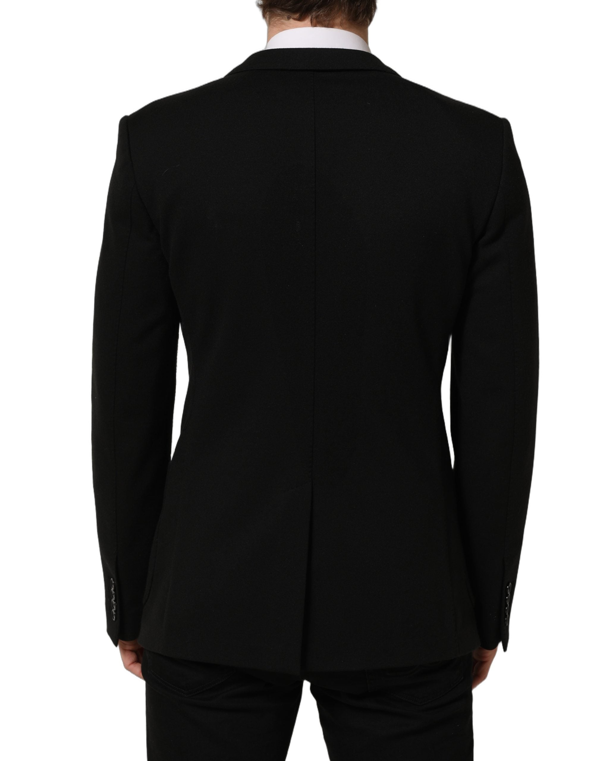 Manteau blazer noir Dolce & Gabbana logo et écusson, coupe croisée simple, détails élégants.
