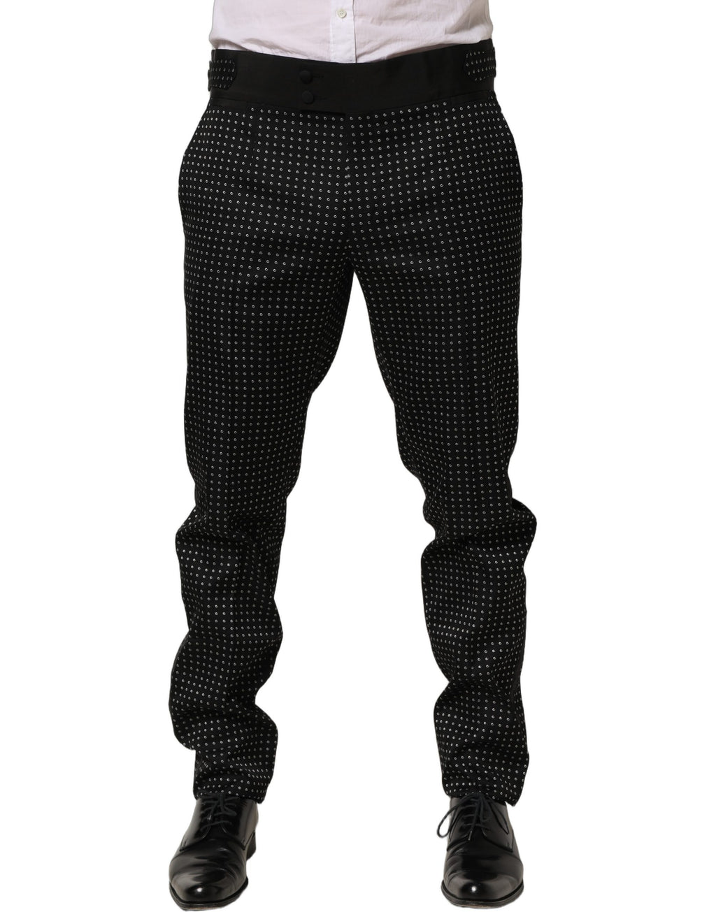 Pantalon coton noir à pois Dolce & Gabbana, robe-pantalon élégante avec motif à pois, vue de face sur fond blanc