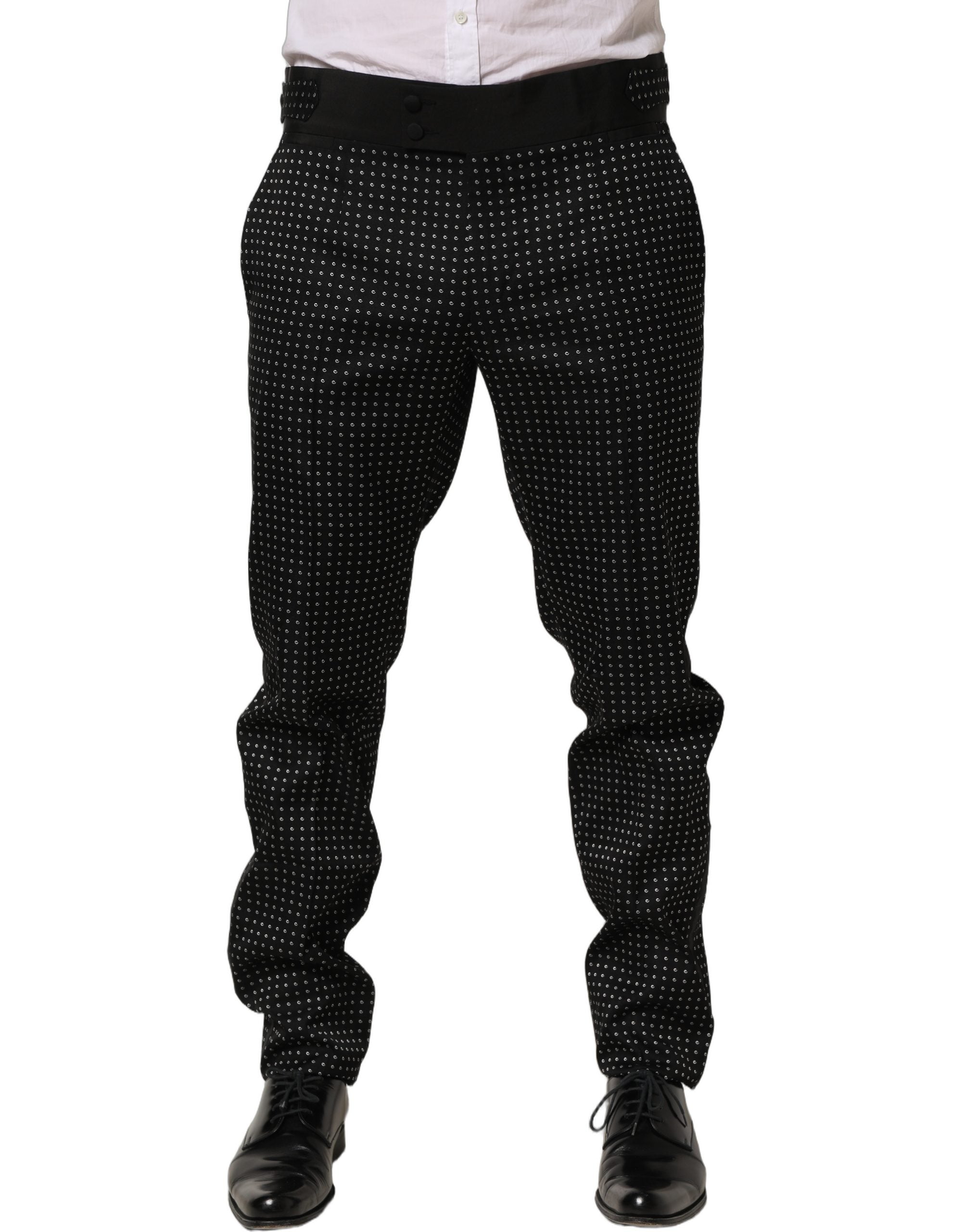 Pantalon Dolce & Gabbana en coton noir à pois blancs, style robe-jupe avec ceinture et poches, vue de face.