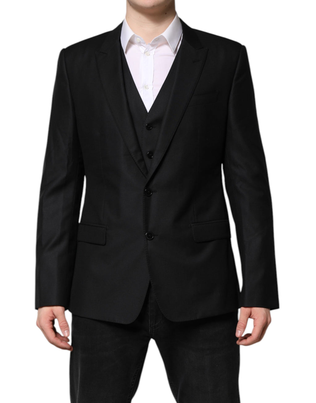 Costume noir Dolce & Gabbana à deux pièces, veste à un bouton et coupe élégante pour homme.