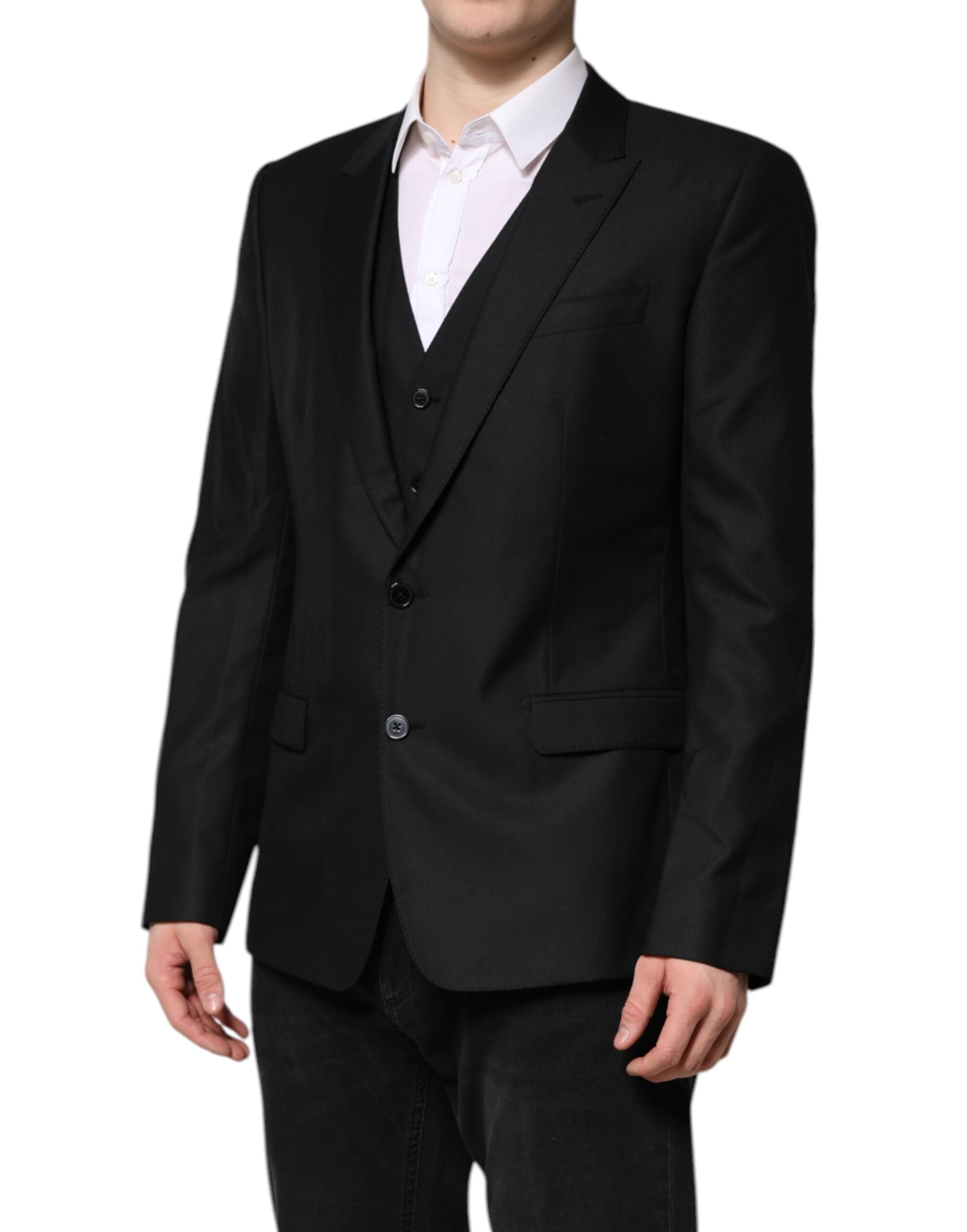 Costume deux pièces Dolce & Gabbana, costume noir à boutons, veste croisée élégante pour homme.