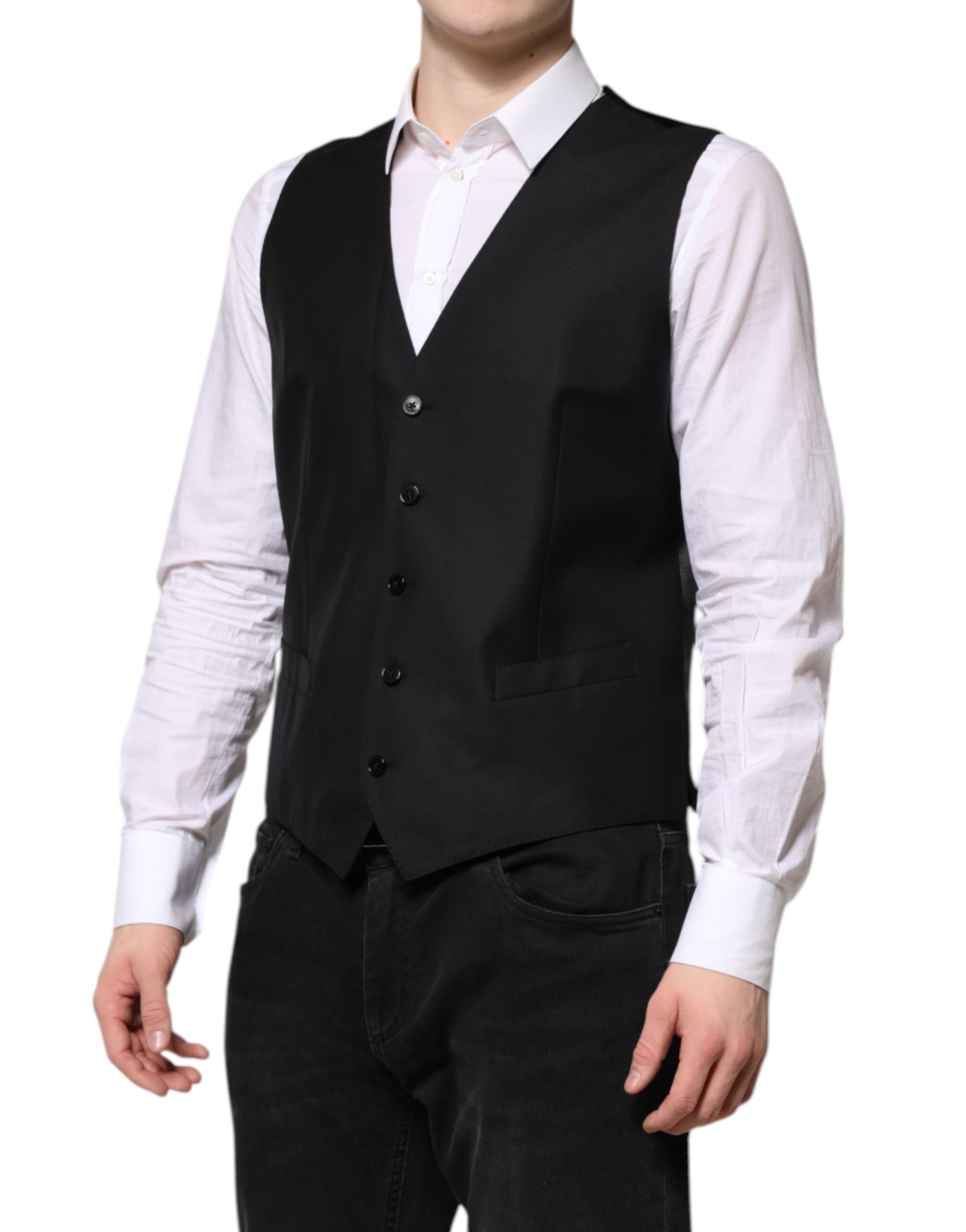 Costume noir Dolce & Gabbana à deux pièces, veste croisée à un bouton, élégance masculine et finition sophistiquée.