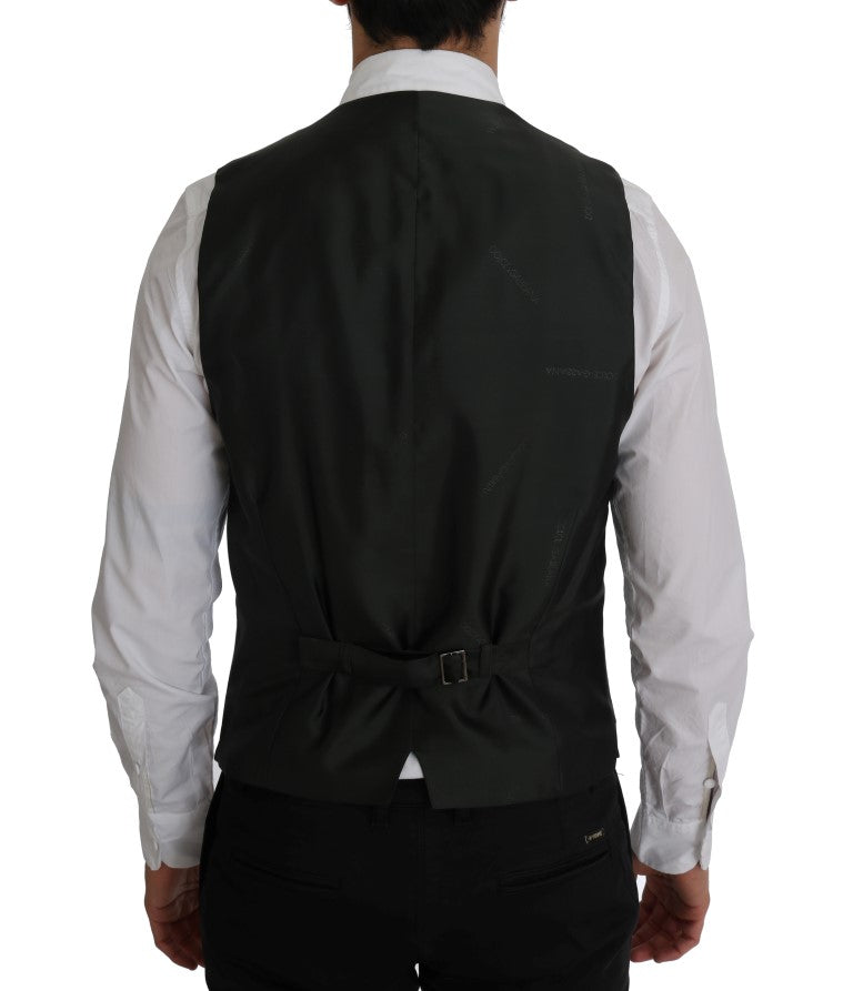 Gilet noir à rayures en coton Dolce & Gabbana STAFF, détail avec col en V et coupe élégante.