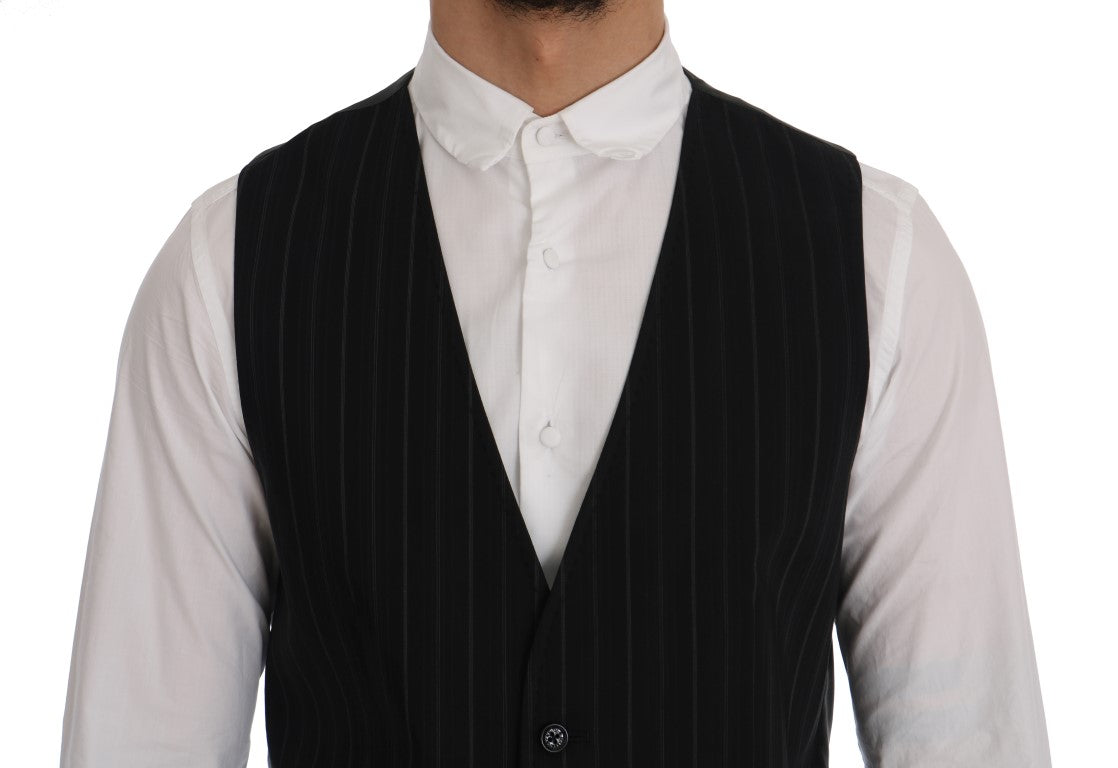 Gilet noir Dolce & Gabbana STAFF en coton à rayures, veste décontractée pour homme, vue de face sur fond blanc.