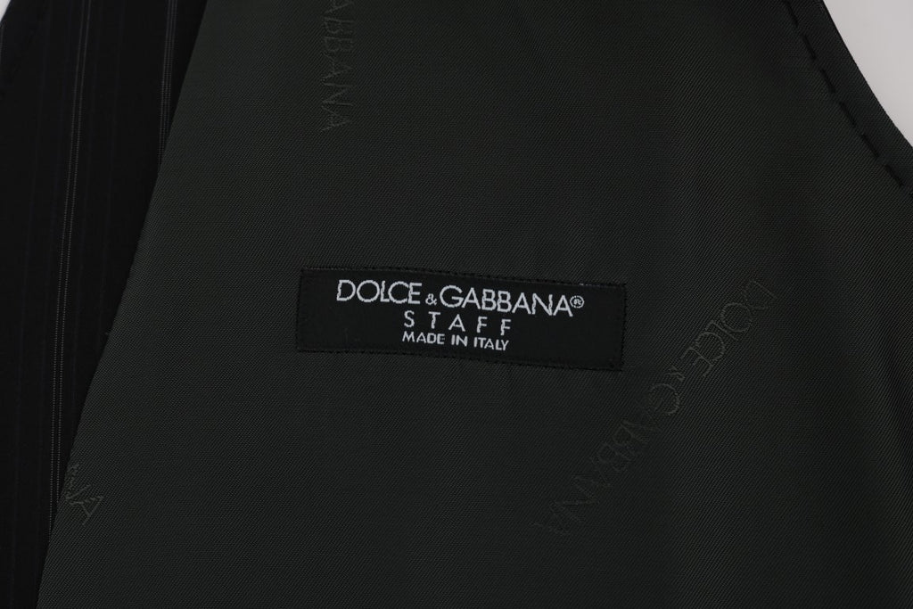 Gilet noir Dolce & Gabbana STAFF en coton à rayures, vue de face sur un mannequin, détails de style classiques et élégants.