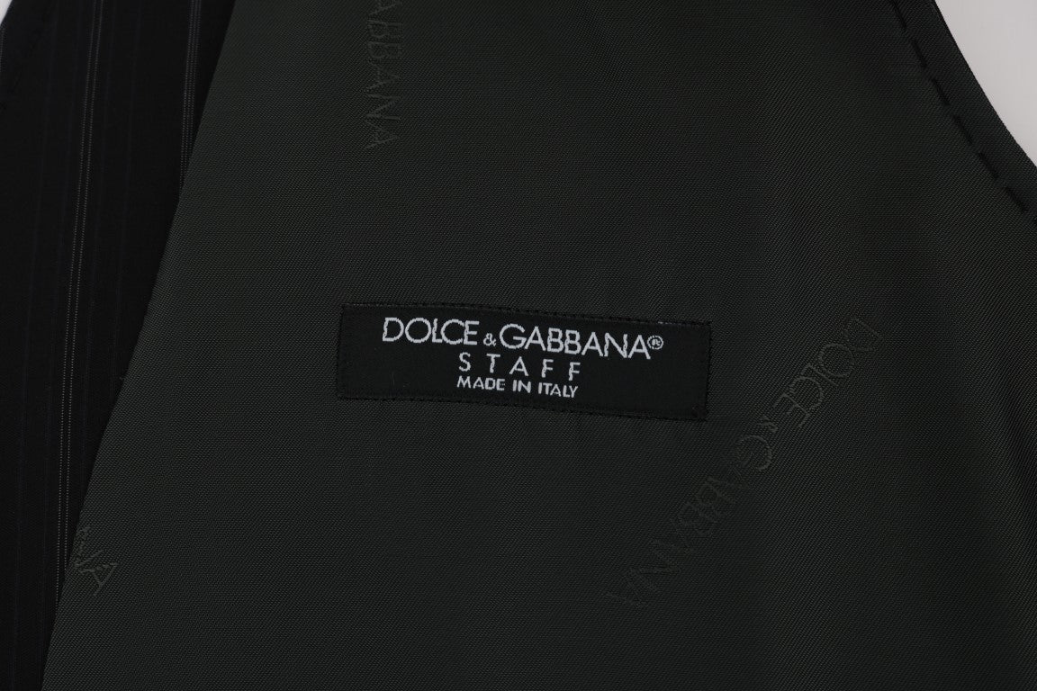 Gilet noir Dolce & Gabbana STAFF en coton à rayures, vue de face sur un mannequin, détails de style classiques et élégants.