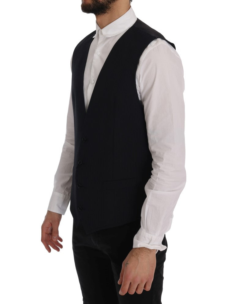 Veste sans manches Dolce & Gabbana en laine noire à rayures, style staff, portée sur un mannequin.