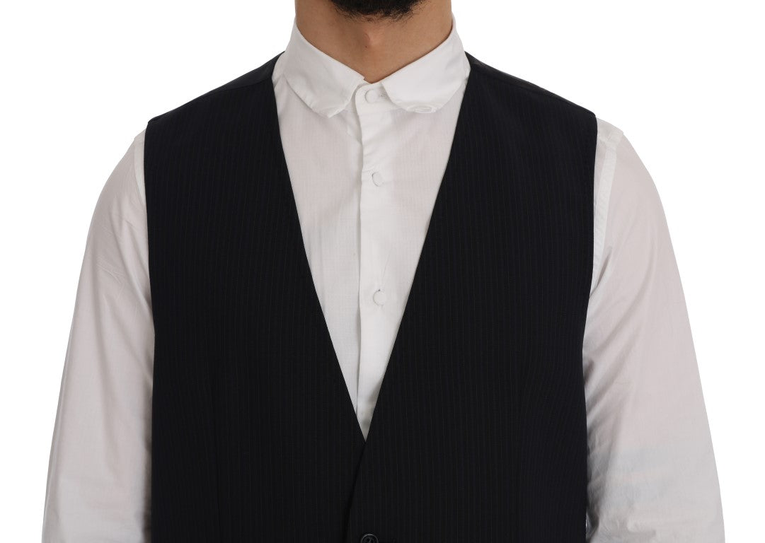 Gilet noir à rayures en laine Dolce & Gabbana STAFF, détail élégant avec motifs à rayures noires et blanches.