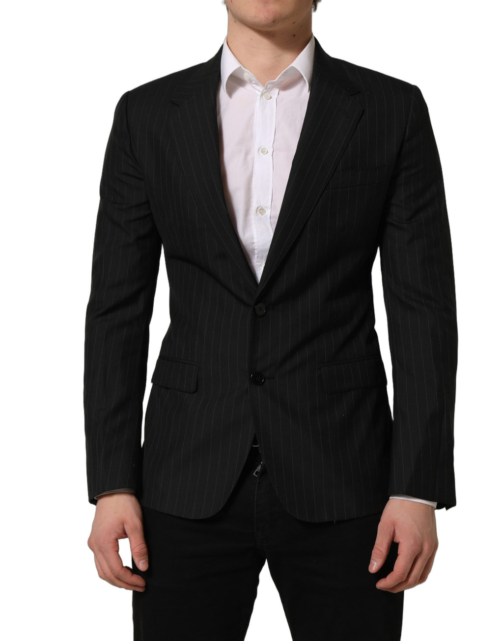 Blazer en laine noir à rayures Dolce & Gabbana, veste homme à boutons simple boutonnage, style élégant et classique.