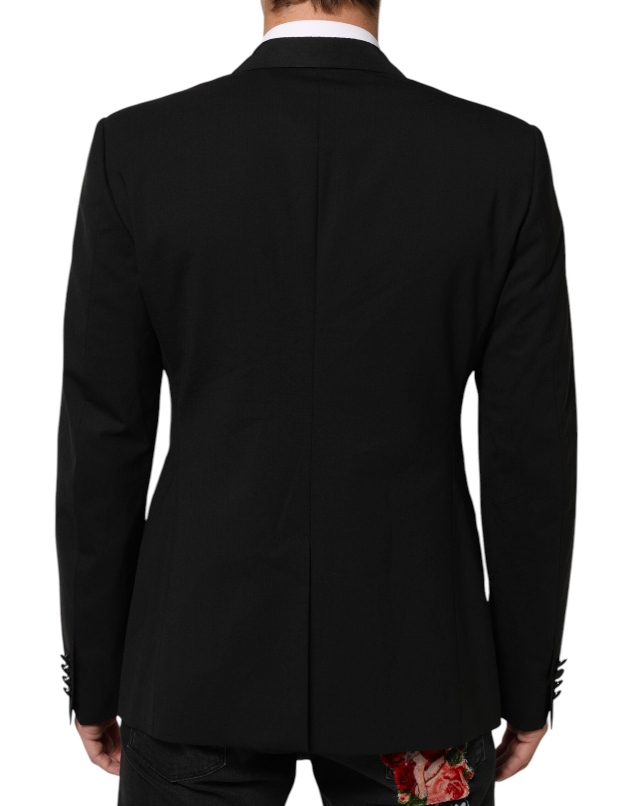 Costume homme Dolce & Gabbana en laine noire avec deux boutons, veste blazer élégante et moderne.