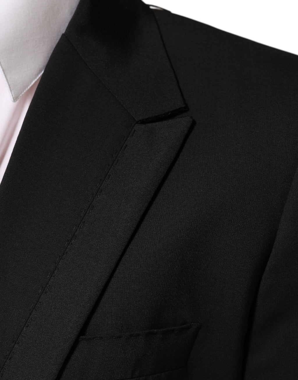 Costume homme Dolce & Gabbana en laine noire avec deux boutons, veste blazer élégante et sophistiquée.