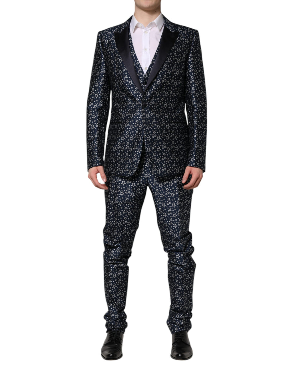 Costume trois pièces Dolce & Gabbana Blue MARTINI Star Jacquard, veste, pantalon et gilet en tissu à motif étoilé.