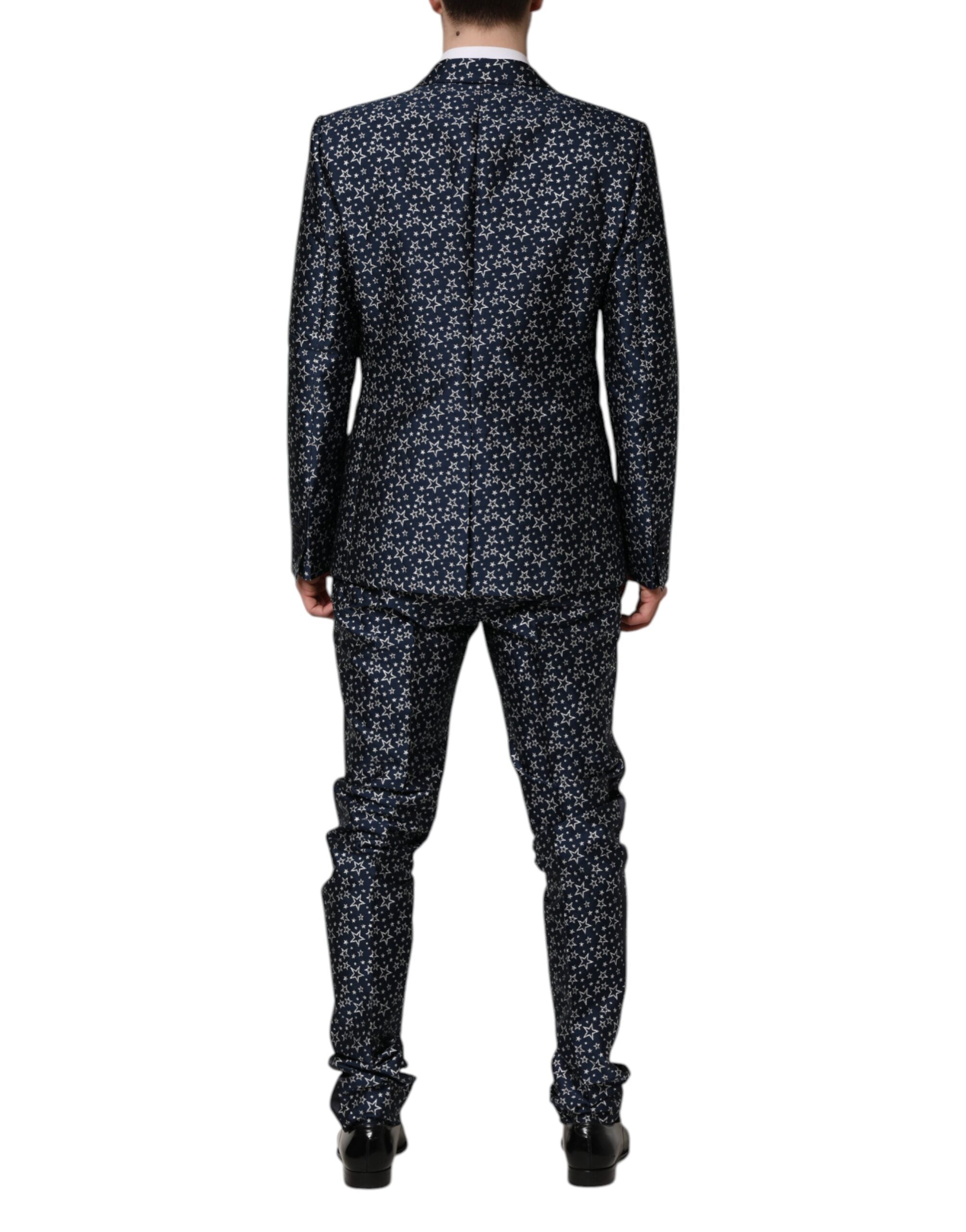 Costume trois pièces Dolce & Gabbana Blue MARTINI Star Jacquard, costume élégant en jacquard bleu avec motifs étoilés.